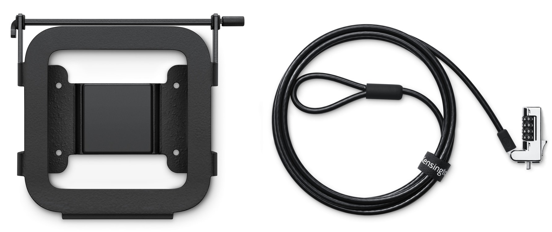 Kensington mounting bracket and locking cable for Mac mini.