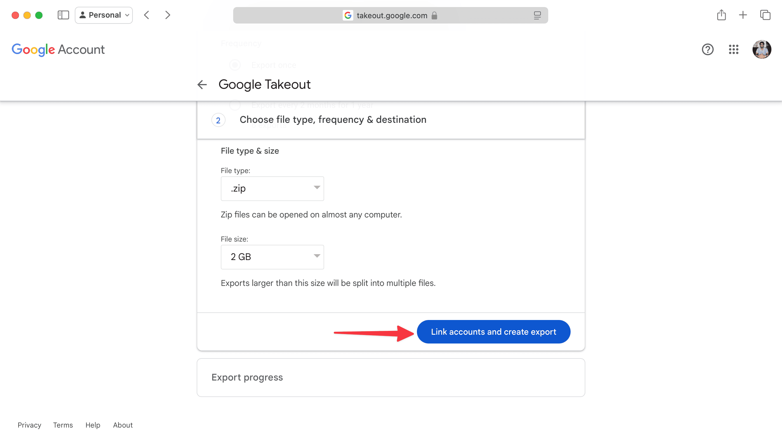 Link accounts and create export on Google Takeout page