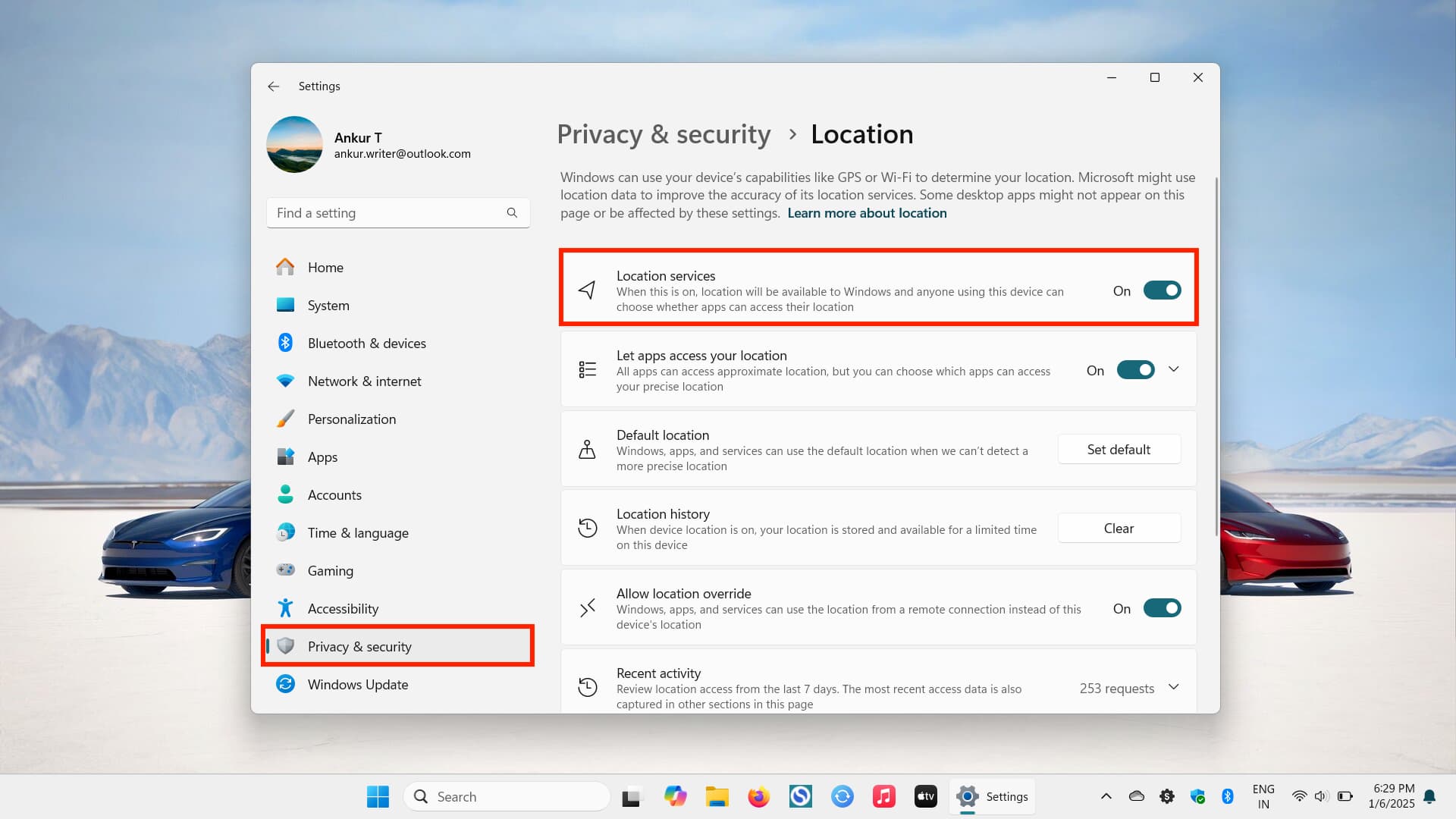 Location services enabled on Windows PC