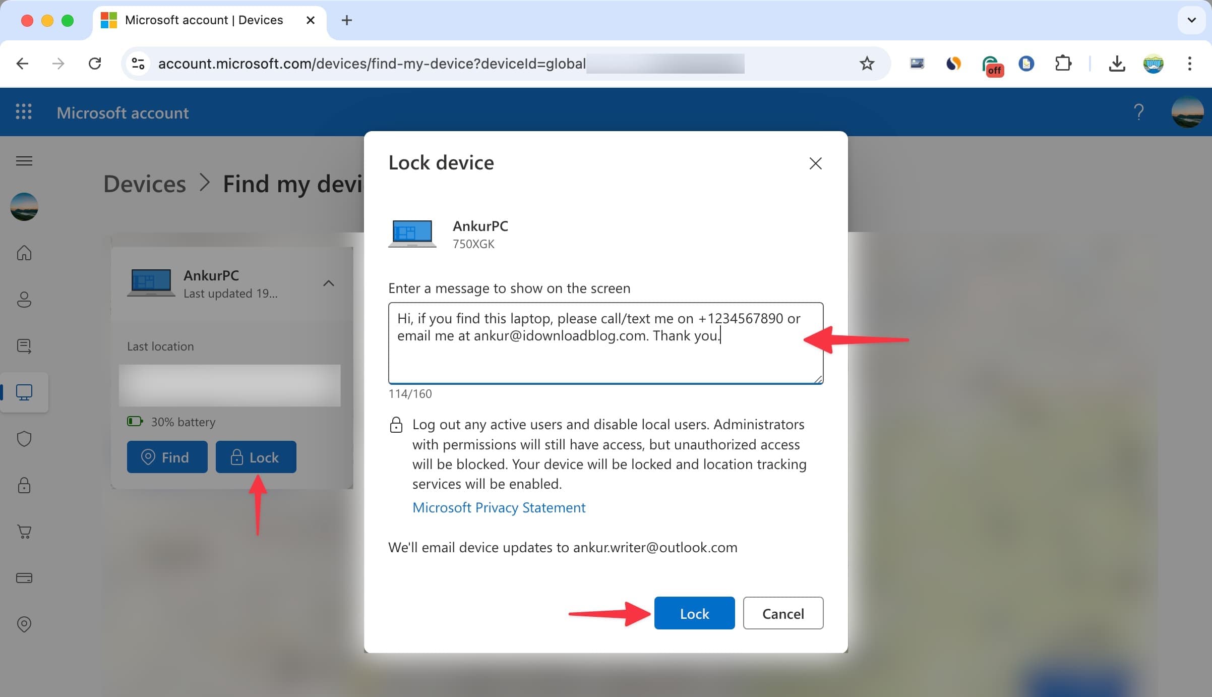 Locking Windows PC using Find my devices service in a web browser