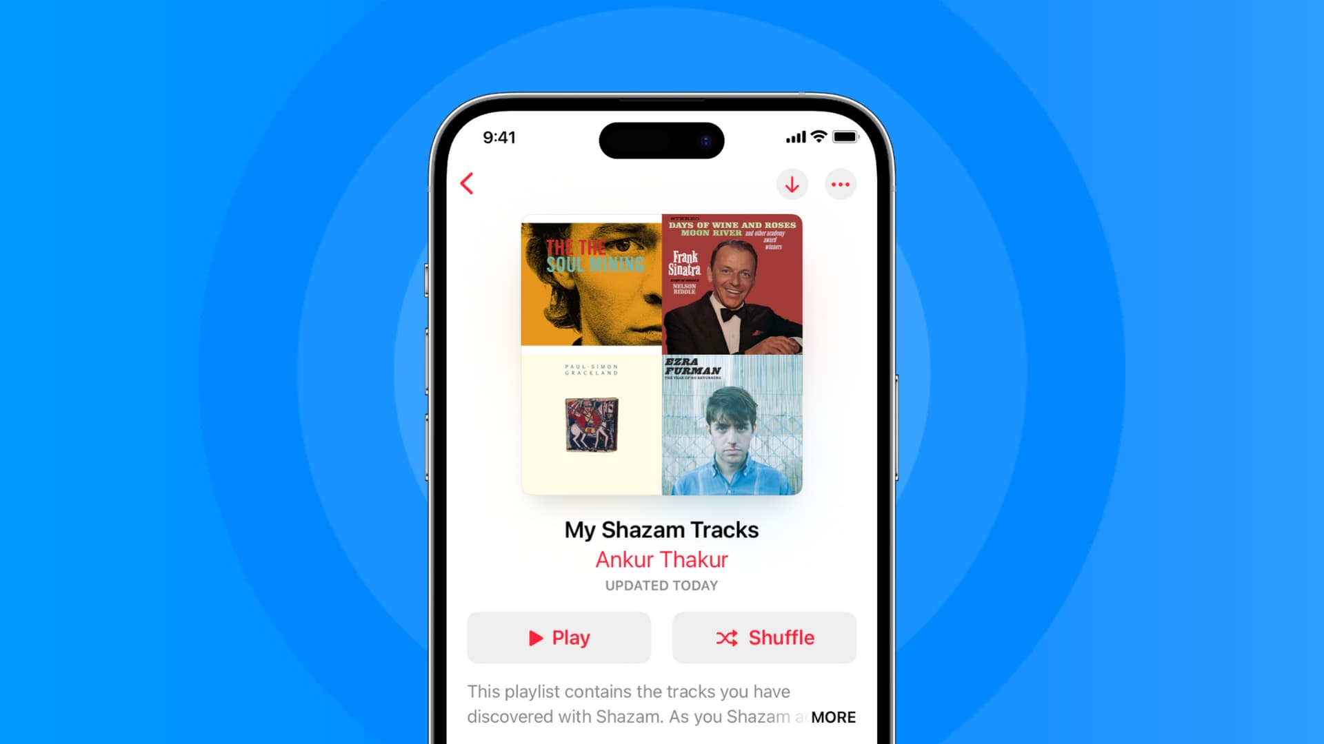 My Shazam Tracks playlist in the Music app on iPhone