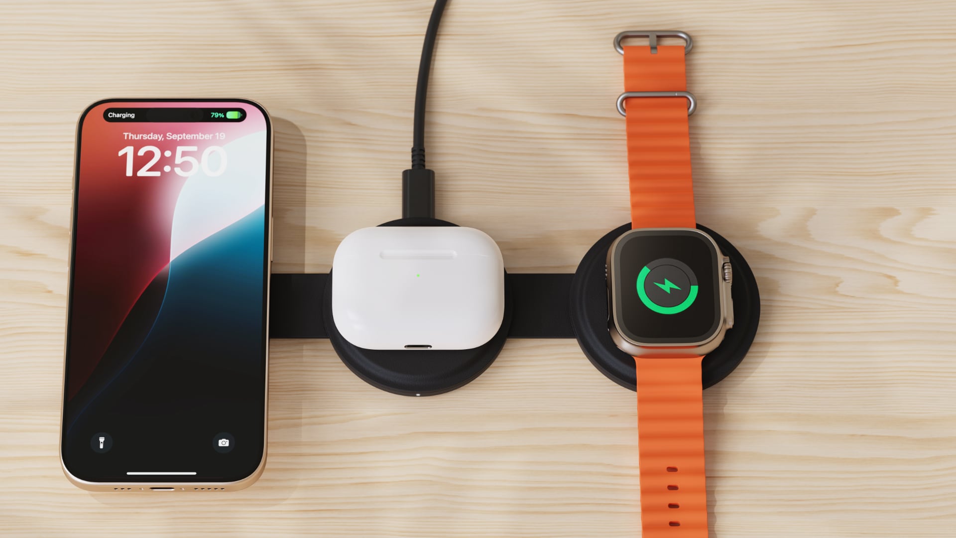 iPhone, Apple Watch and AirPods on Satechi's wireless charger.