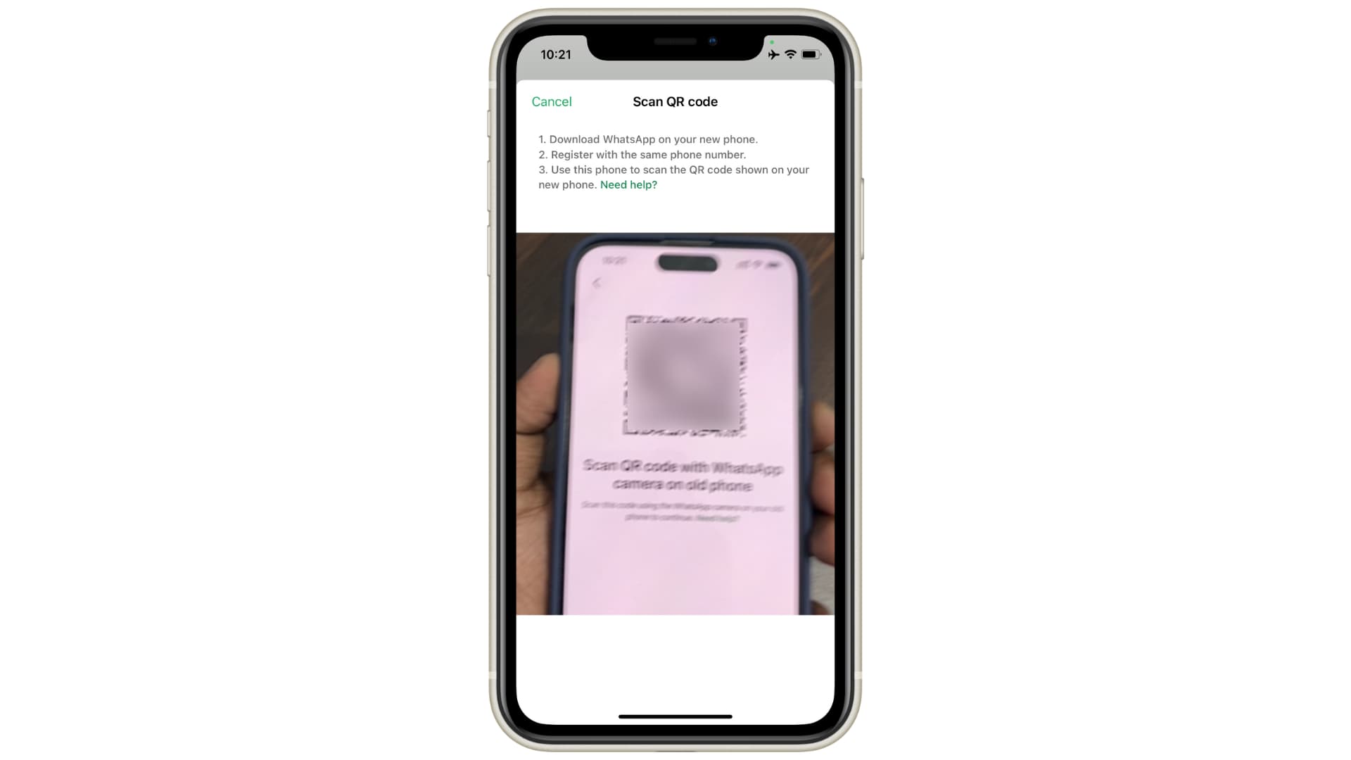 Scanning WhatsApp QR code on iPhone to transfer chats