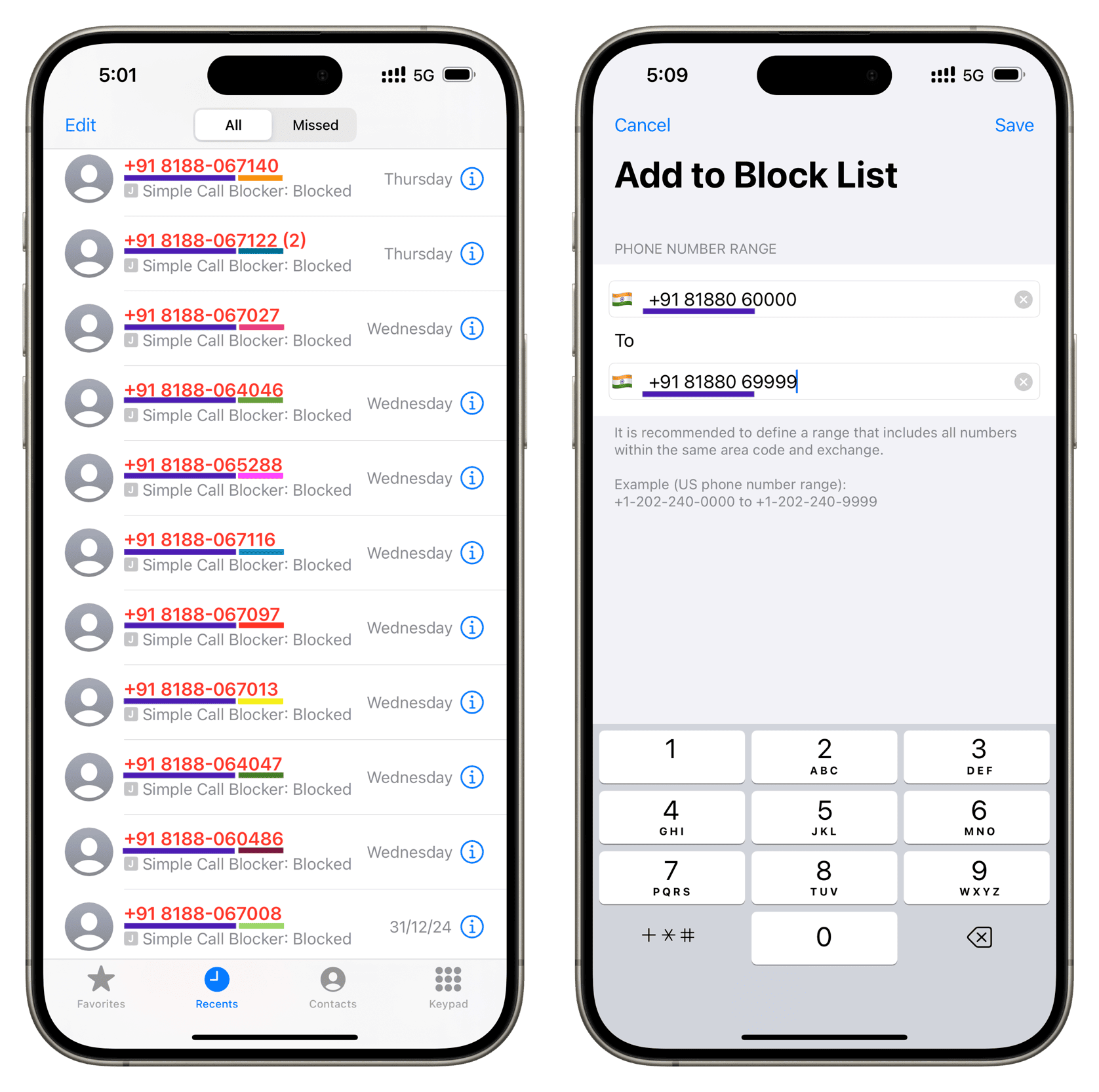 Seeing recent spam calls on iPhone and adding them to blocklist