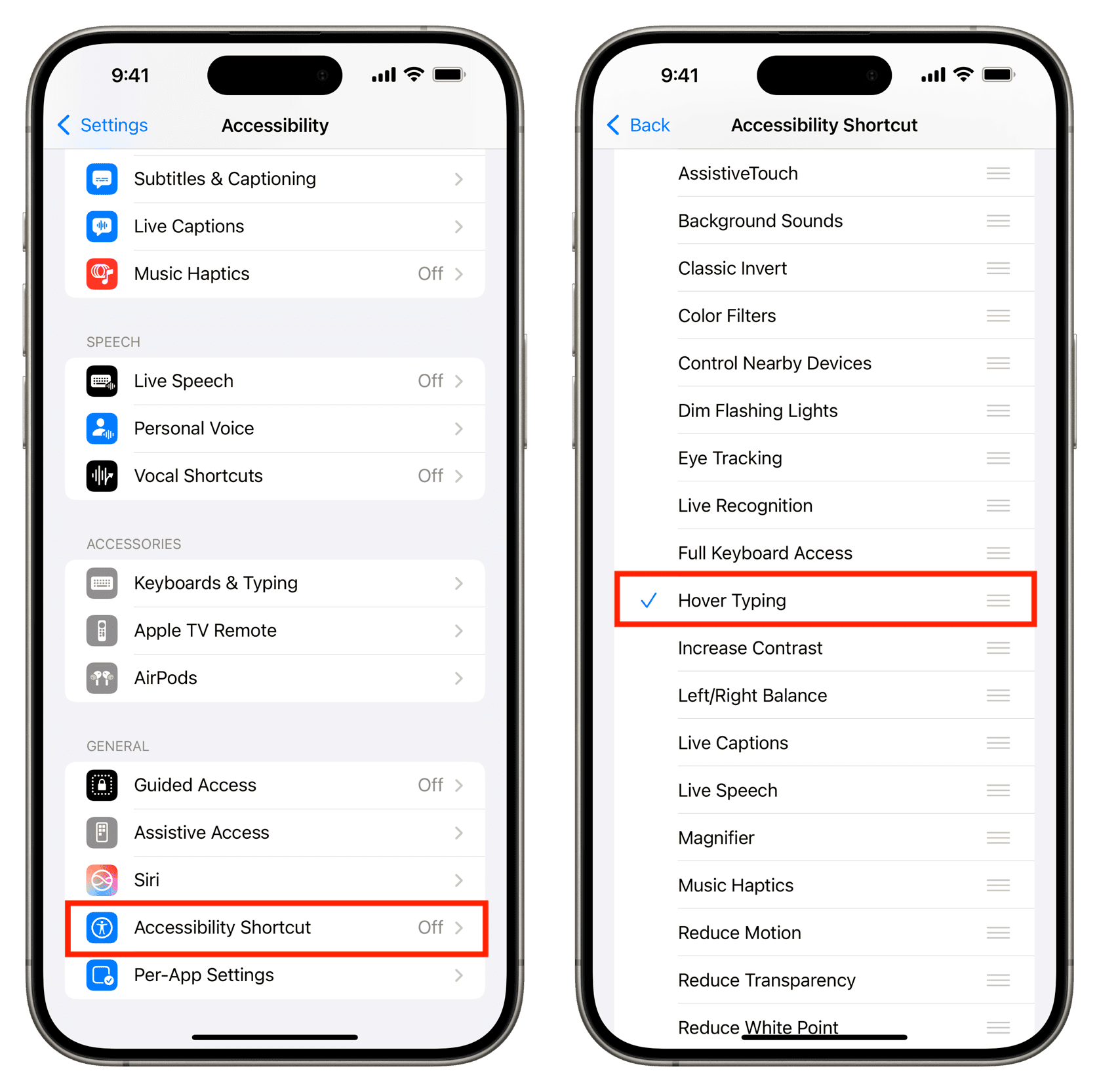 Set Hover Typing to Accessibility Shortcut on iPhone