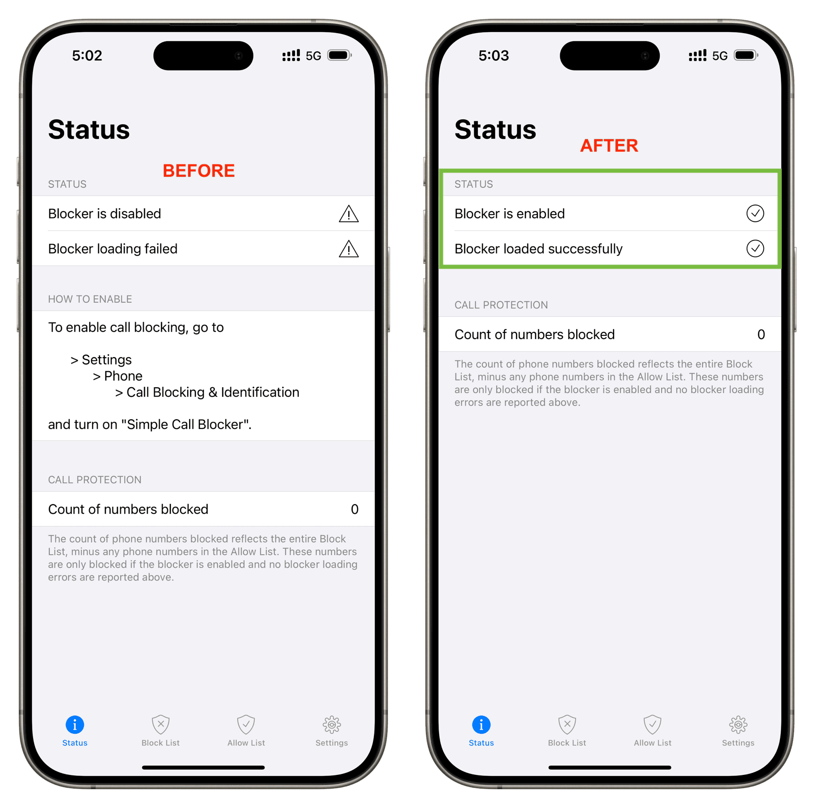 Simple Call Blocker enabled successfully on iPhone