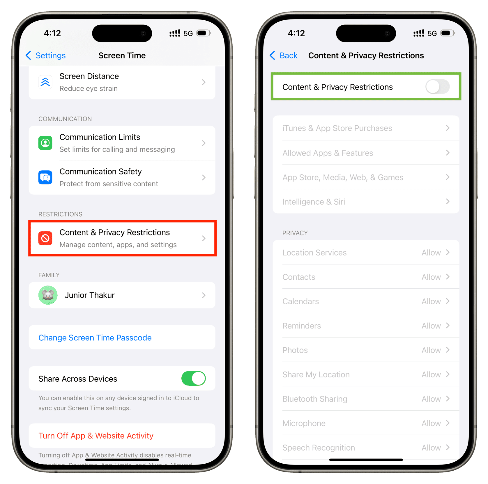 Turn off Content and privacy restrictions on iPhone