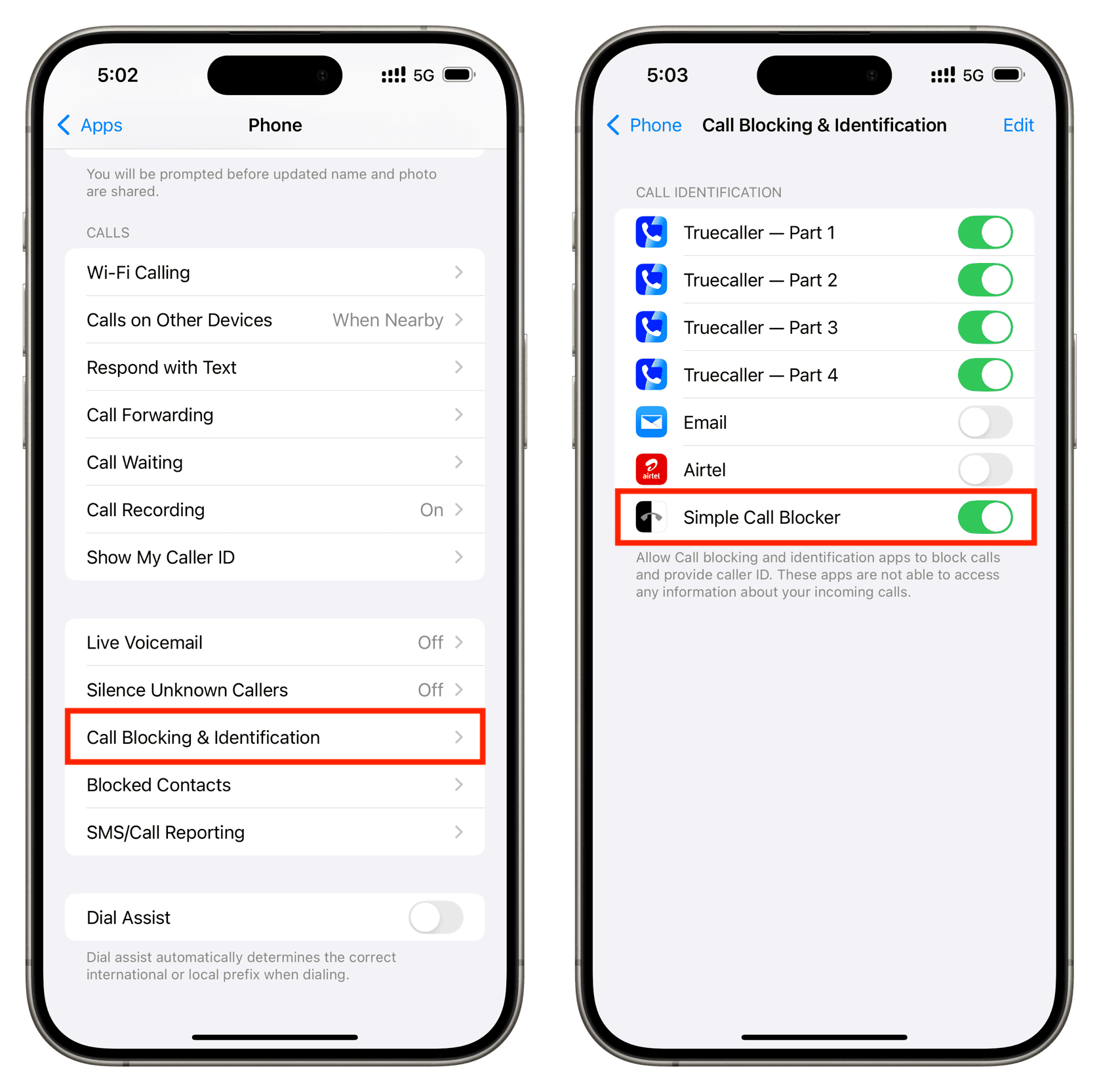 Turn on Simple Call Blocker in Phone app settings on iPhone