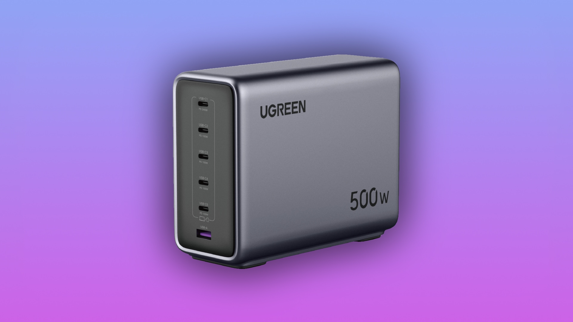 Ugreen's 500W desktop charger shot in the three-quarters view, set against a color gradient background.