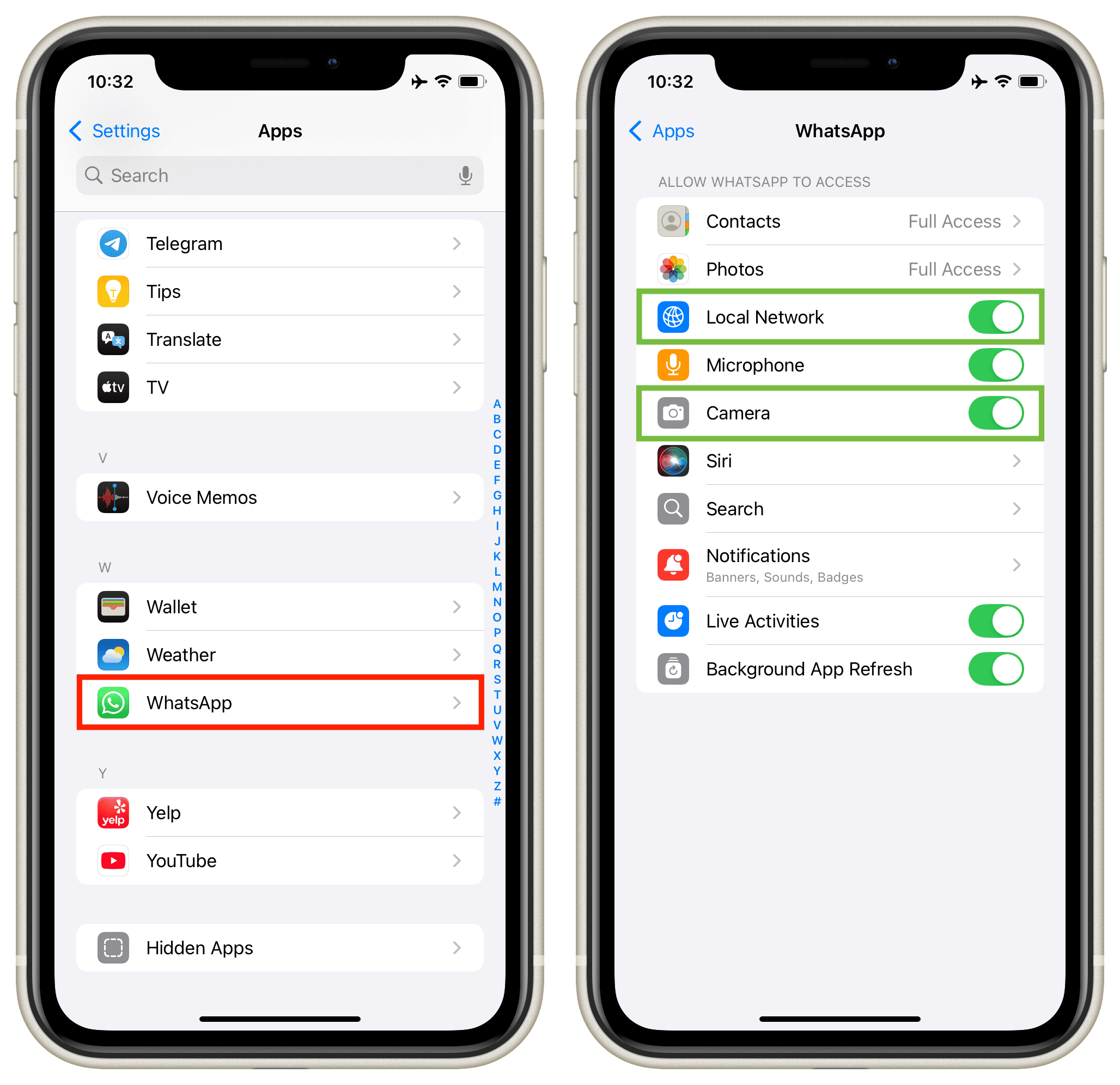 WhatsApp allowed local network and camera permissions on iPhone