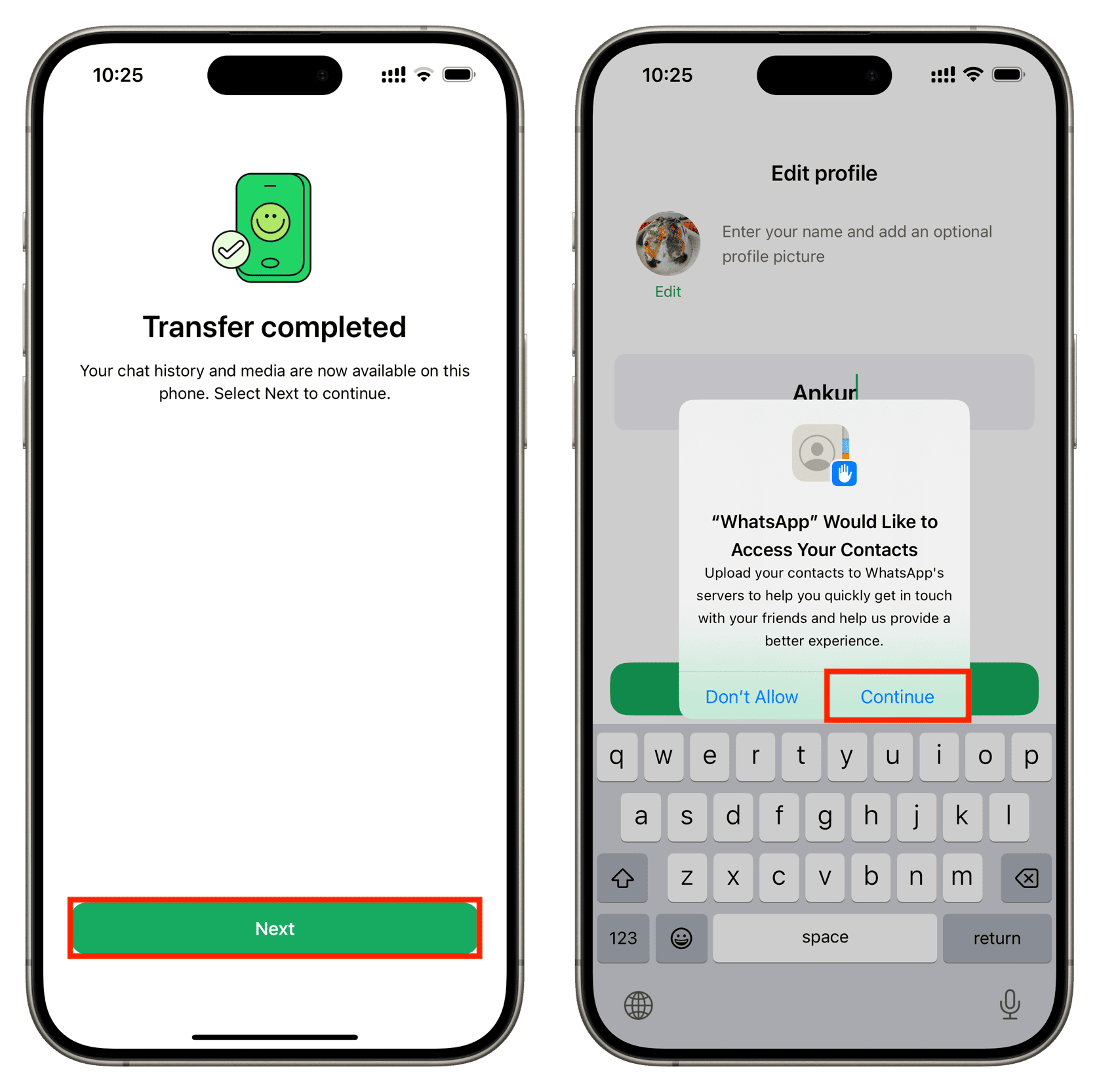 WhatsApp chat transfer completed on iPhone