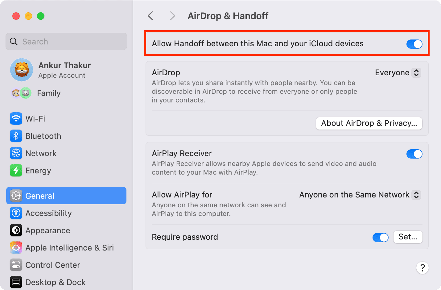 Allow Handoff between this Mac and your iCloud devices in System Settings