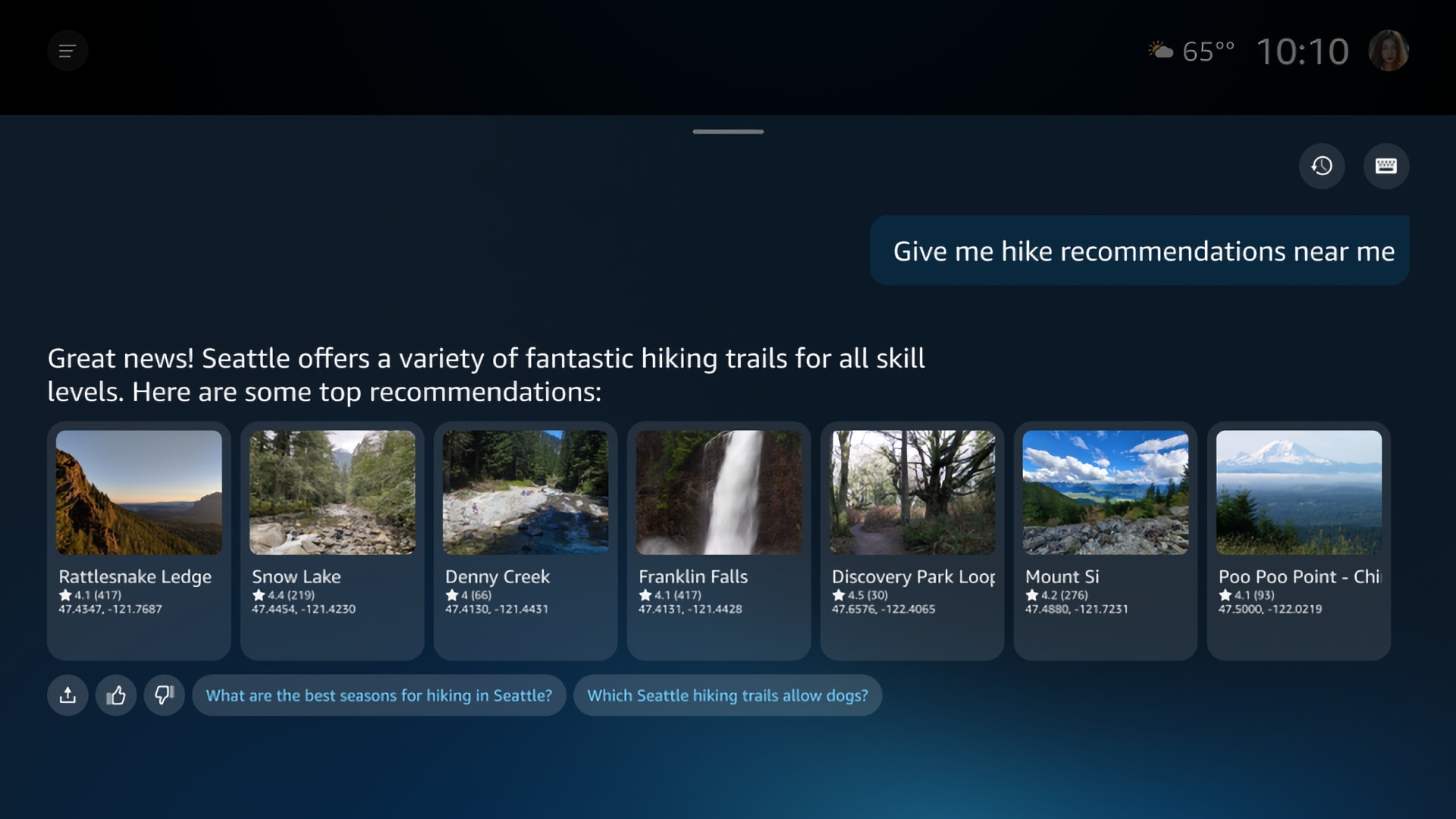 Alexa+ providing recommendations about nearby hiking spots.