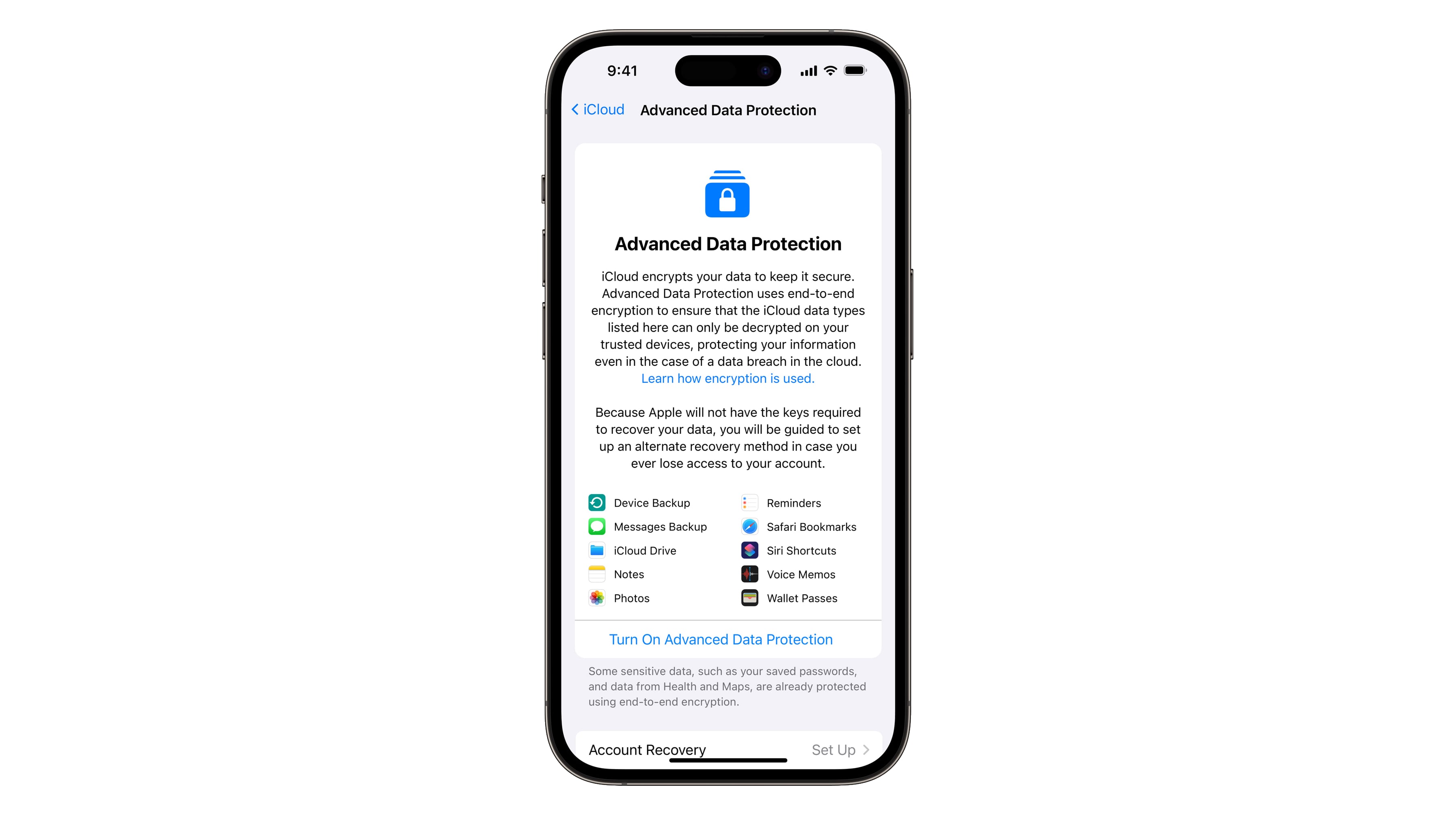 iPhone screenshot displaying the Advanced Data Protection splash screen in iOS 16.2