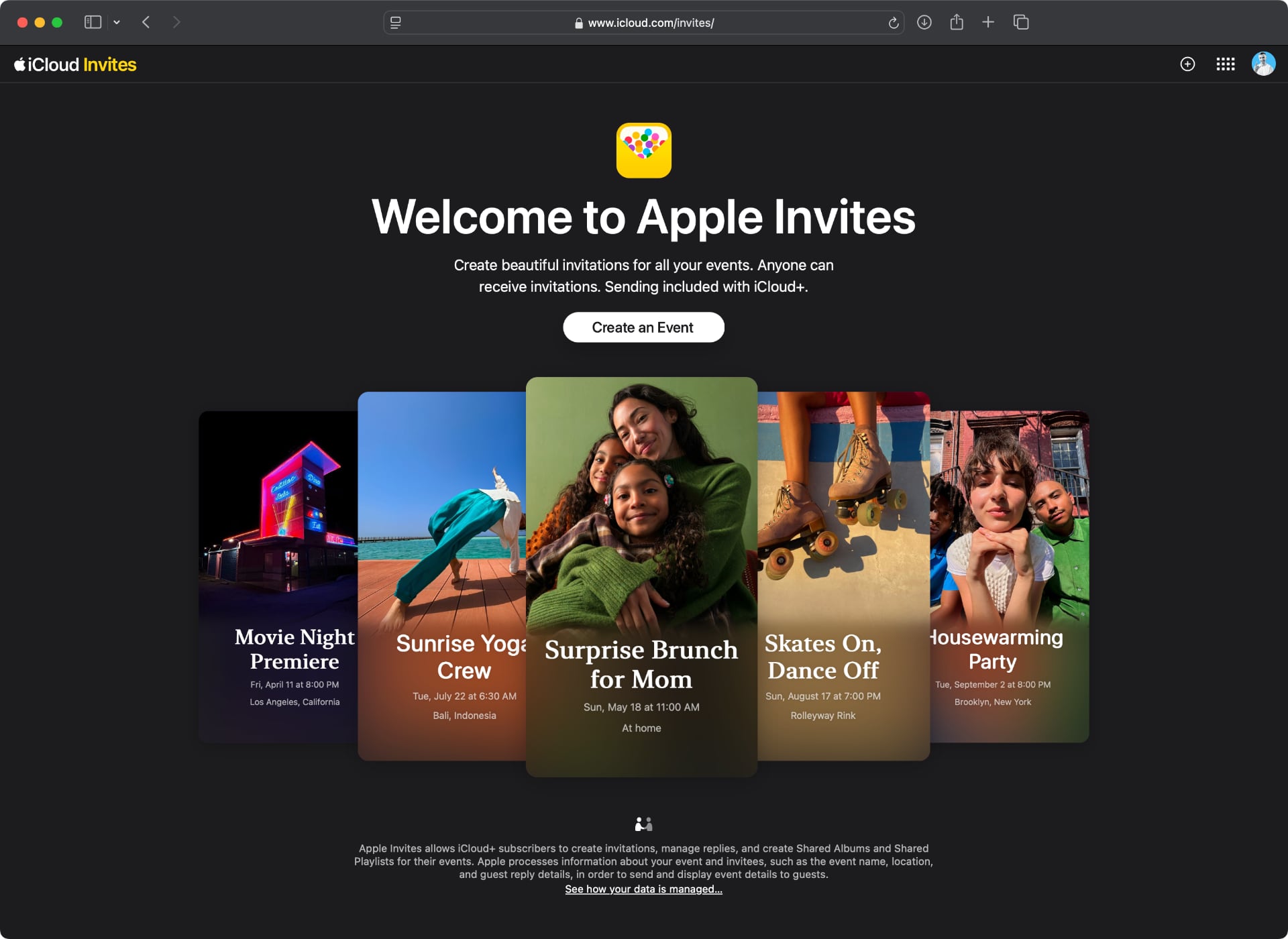 The Apple Invites web interface with the option to create a new event shown at the bottom.