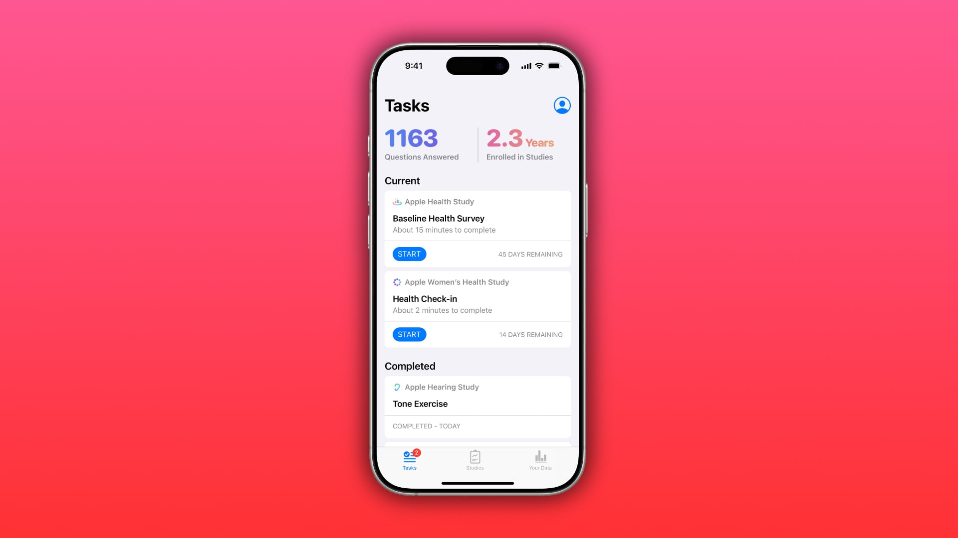 The Tasks section in the Apple Research app on iPhone.