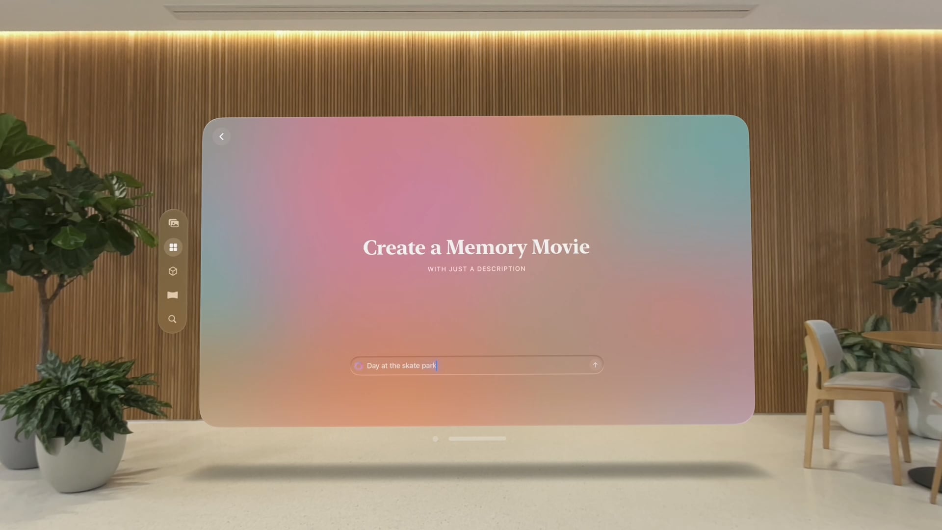 Creating a memory movie from a description using Apple Intelligence on Vision Pro.