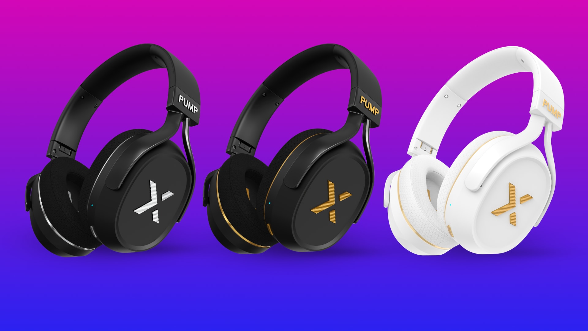 Three BlueAnt workout headphones set against a color gradient background.