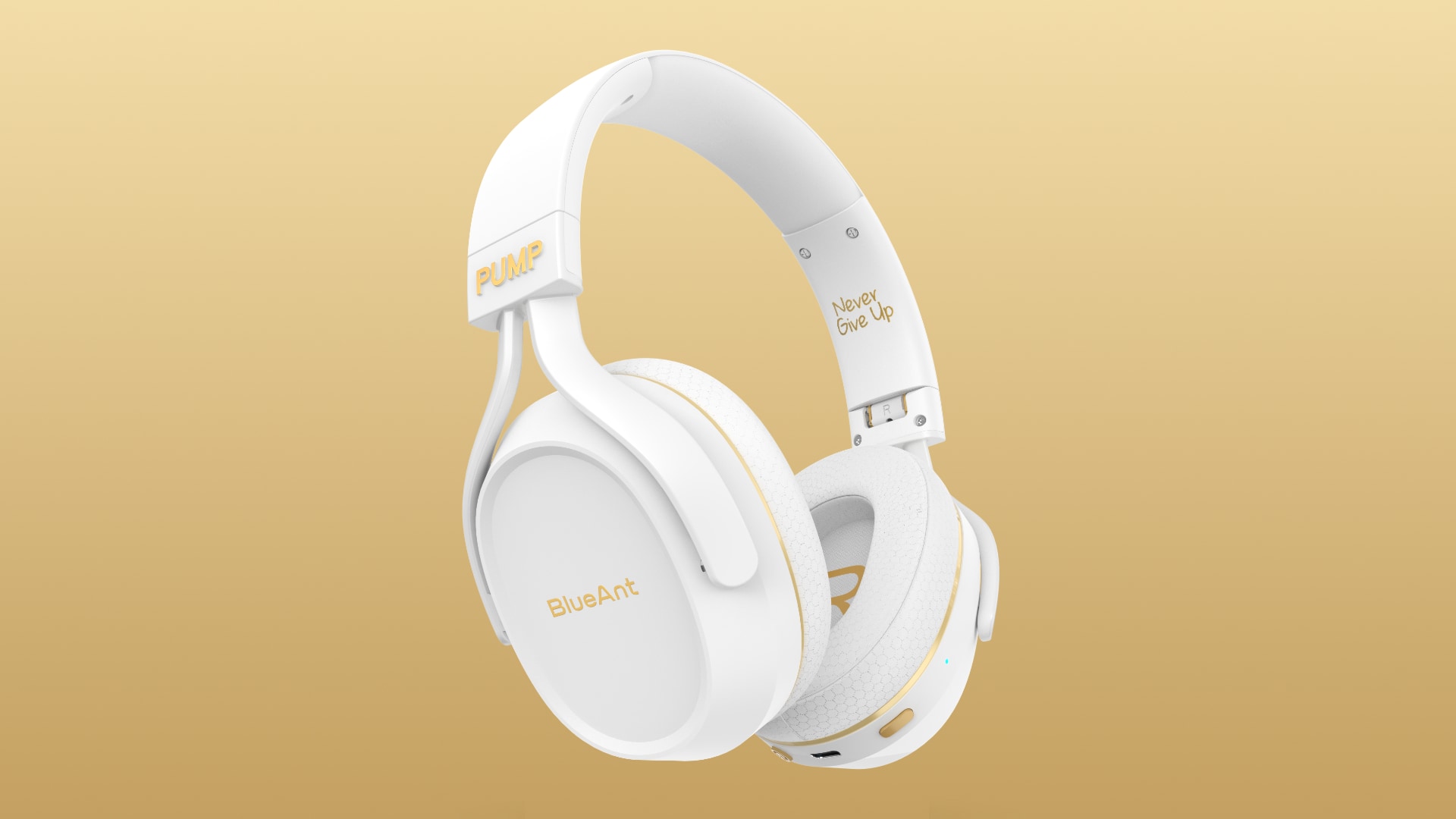 BlueAnt's Pump X over-ear fitness headphones set against a gold gradient background.