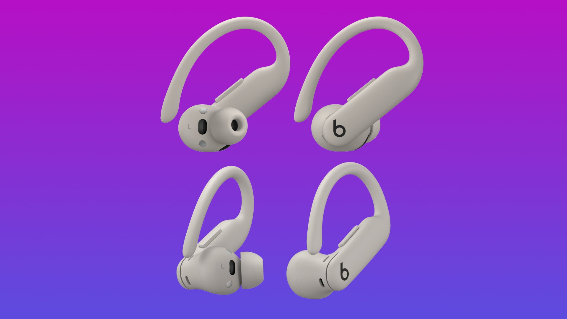 Two pairs of Powerbeats Pro 2 showcasing the new design and the volume rocker.