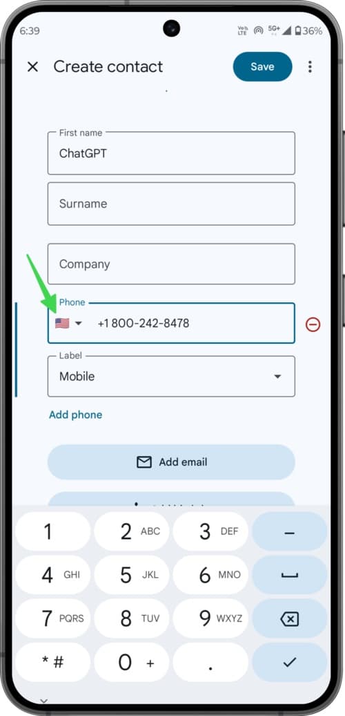 Saving ChatGPT number with correct country code