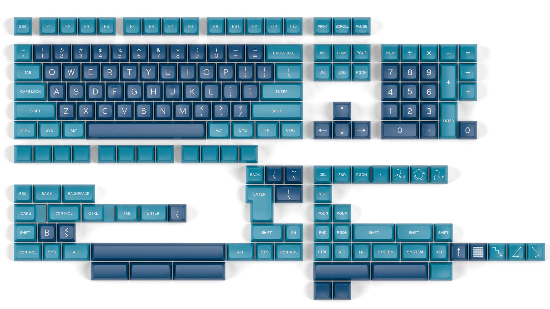 Top-down view of the keycaps of Signature Plastics' keyboard kit. 