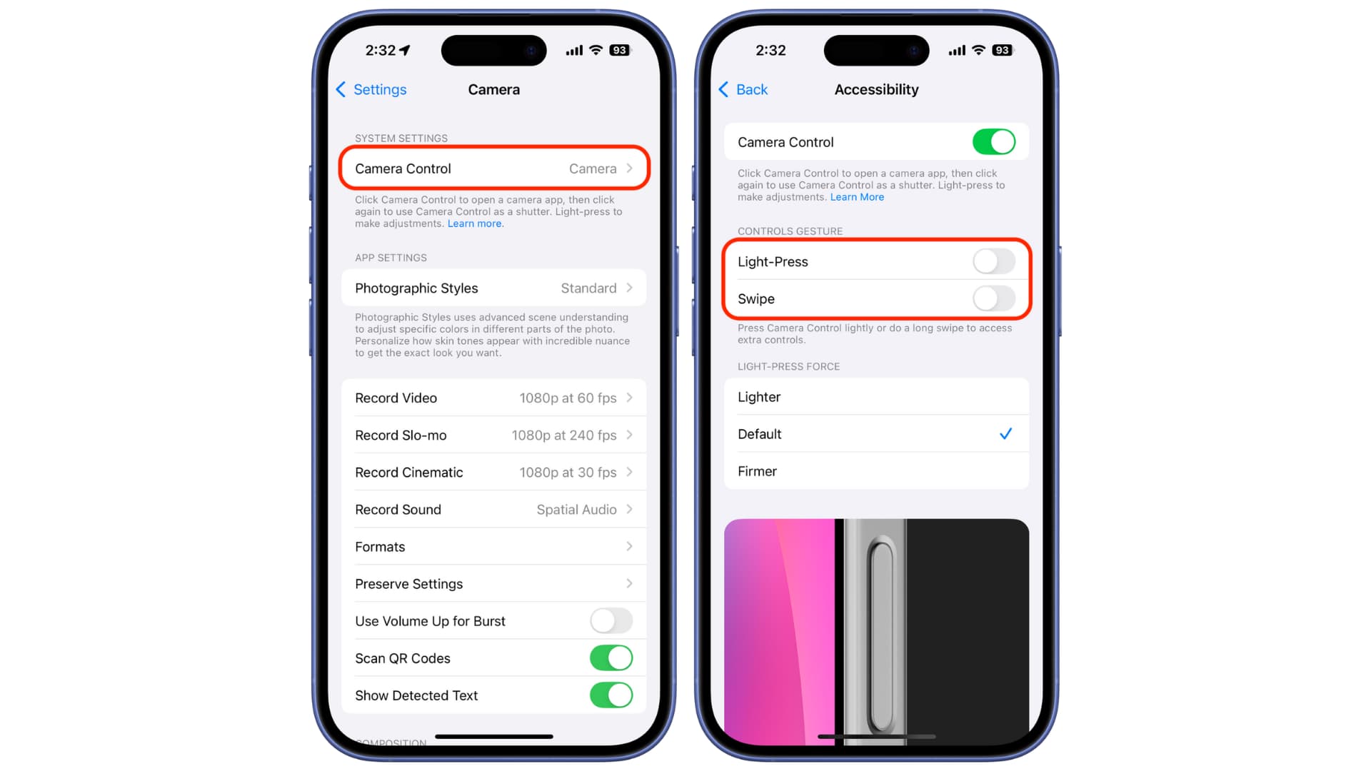 Turn off Light Press and Swipe for Camera Control on iPhone