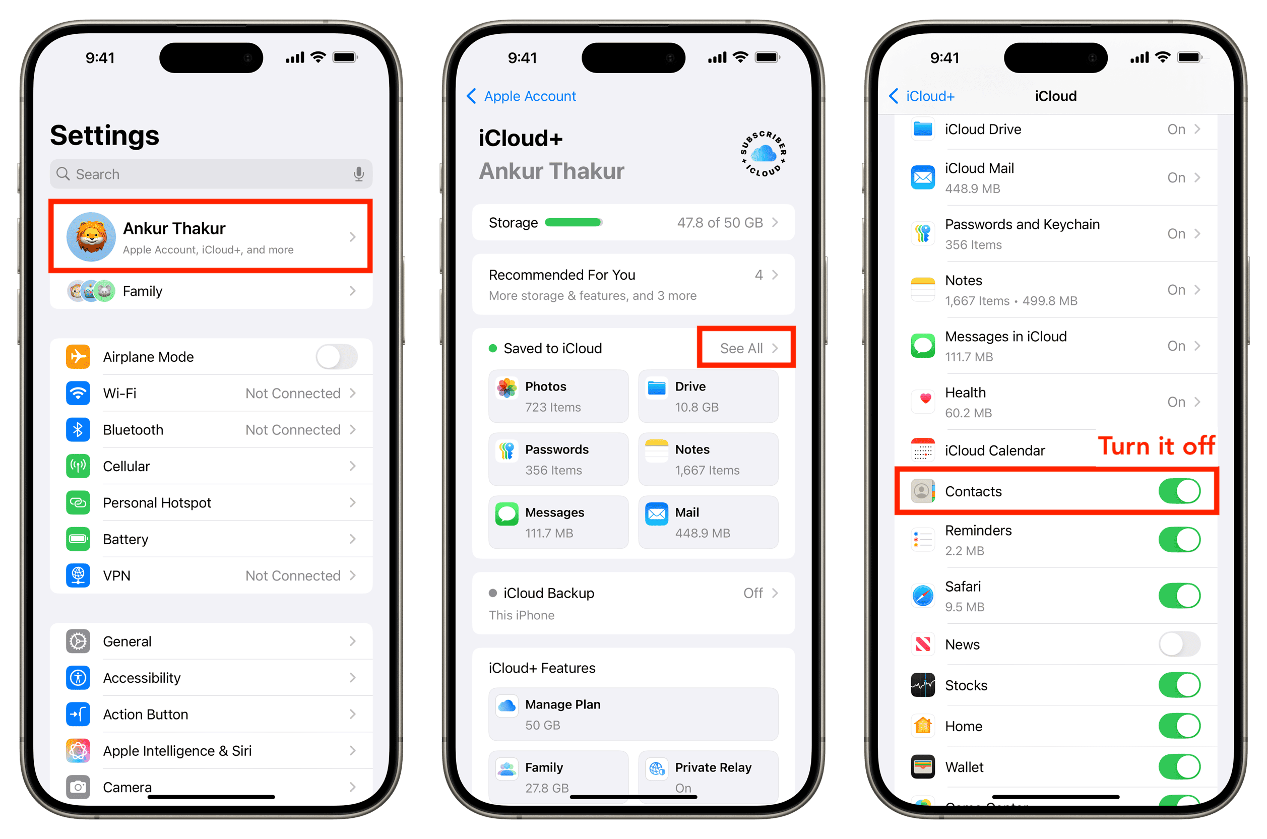 Turn off iCloud Contacts on iPhone from Settings