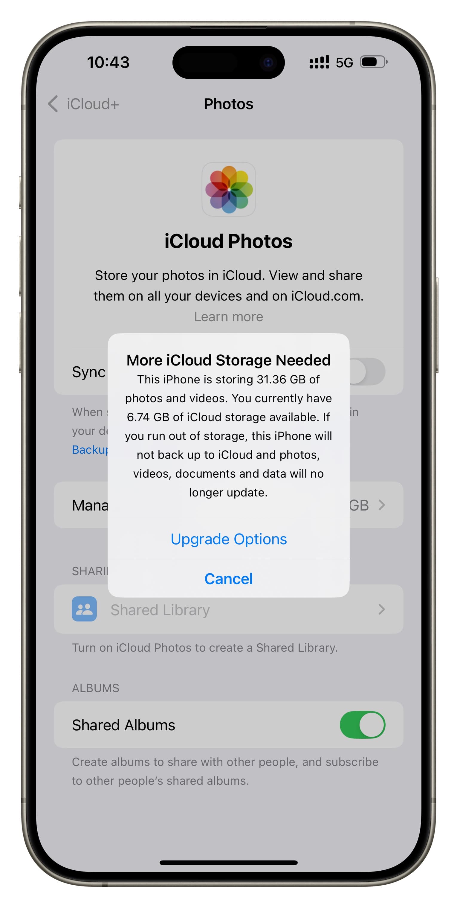 Unable to turn on iCloud Photos as more iCloud space is needed