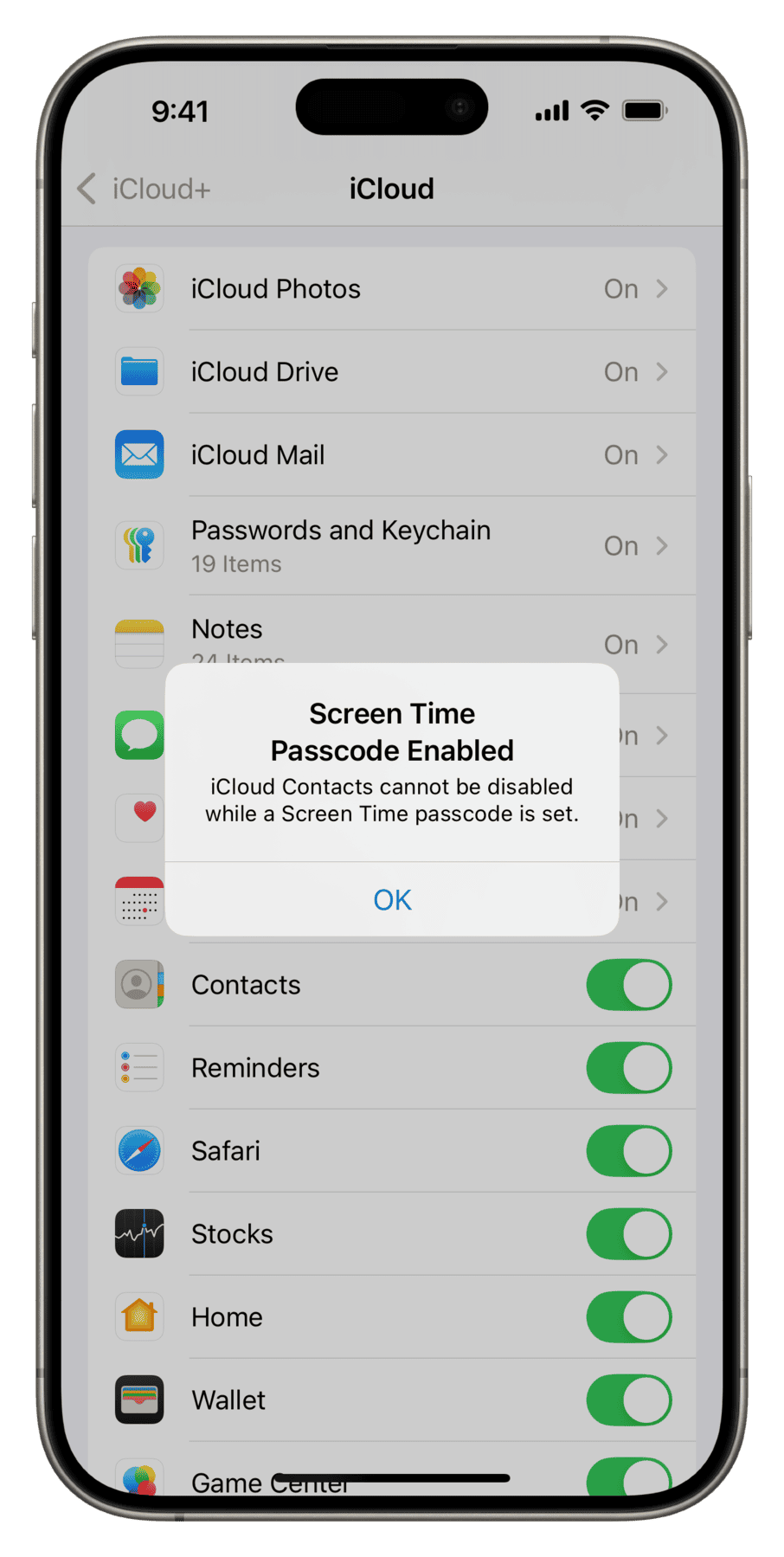 iCloud Contacts cannot be disabled while a Screen Time passcode is set on iPhone