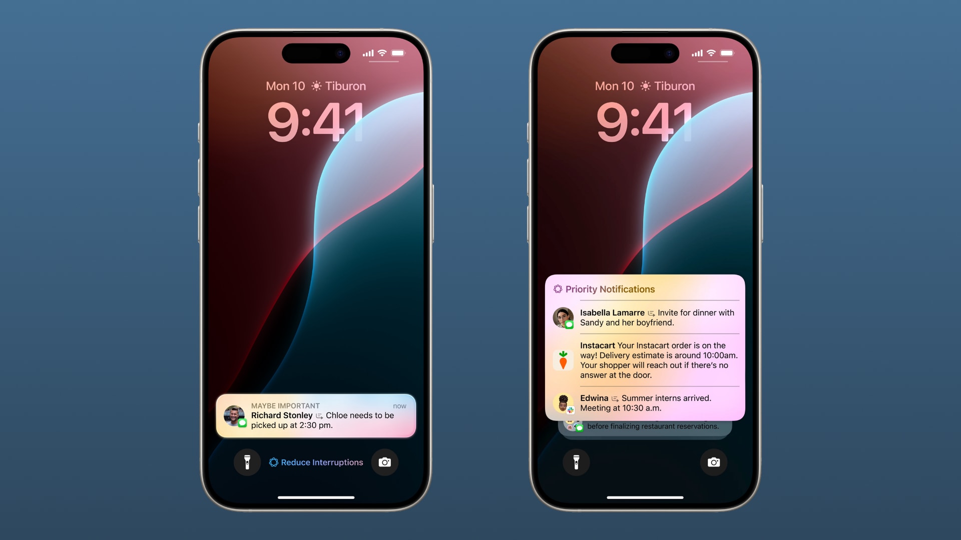 Two framed iPhone screenshots showcasing the Priority Notifications group on the Lock Screen.