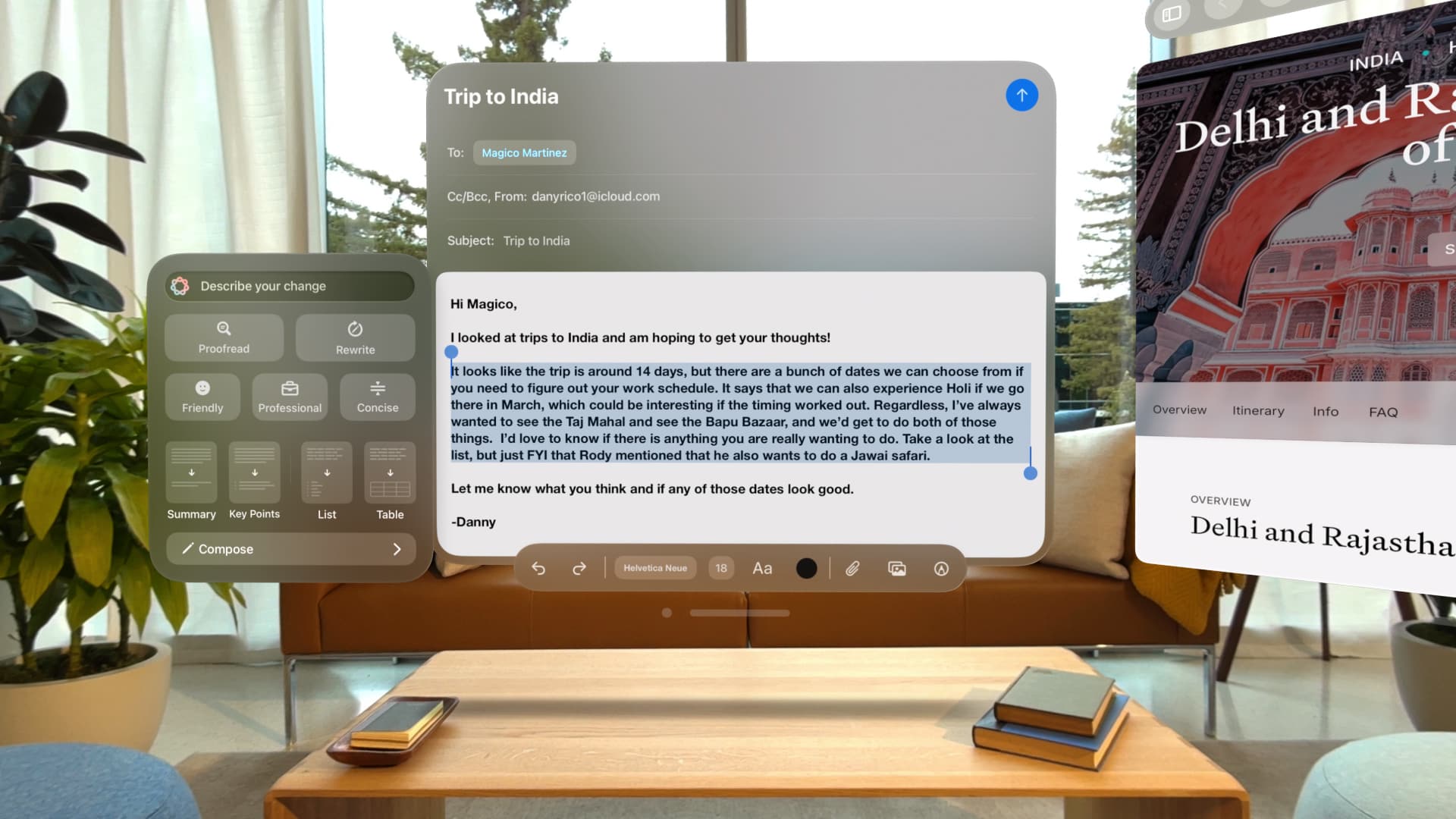 Using Apple Intelligence AI writing tools in the Mail app for Vision Pro.