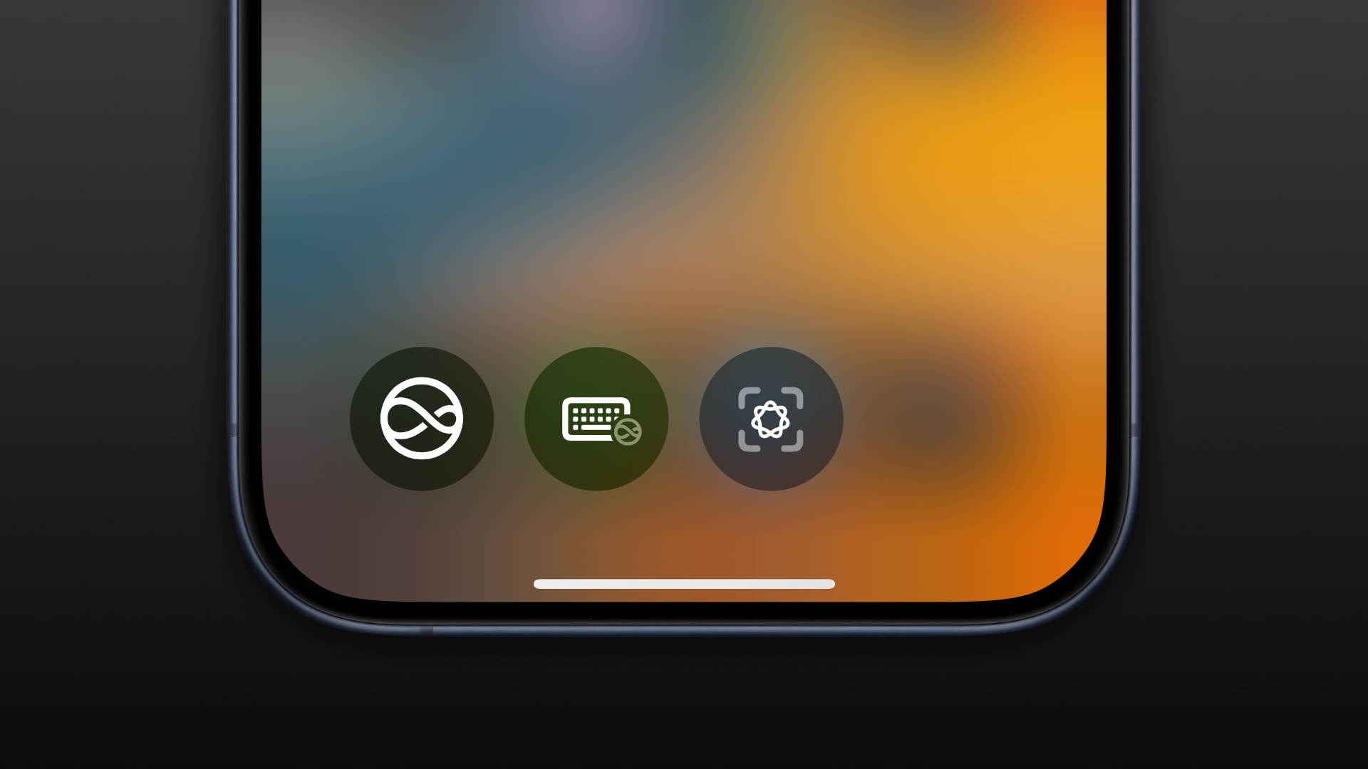 iPhone showing a Control Center page with three widgets at the bottom: Talk to Siri, Type to Siri and Visual Intelligence.