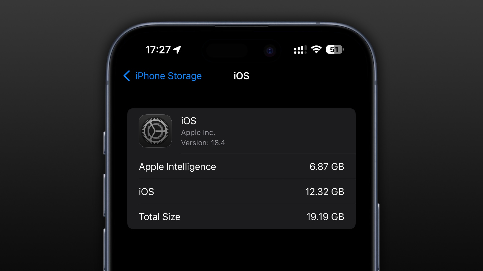 iPhone displaying Apple Intelligence storage consumption in the Settings app.