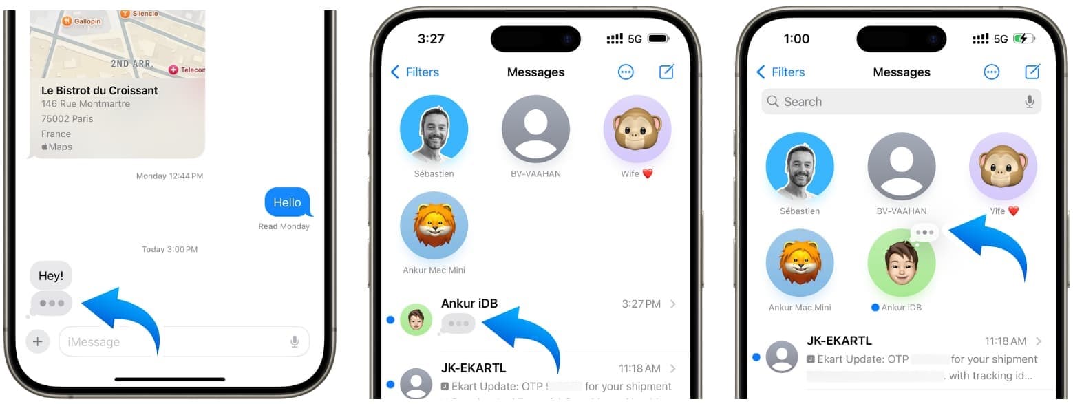 Message typing indicator in three places in Apple Messages app