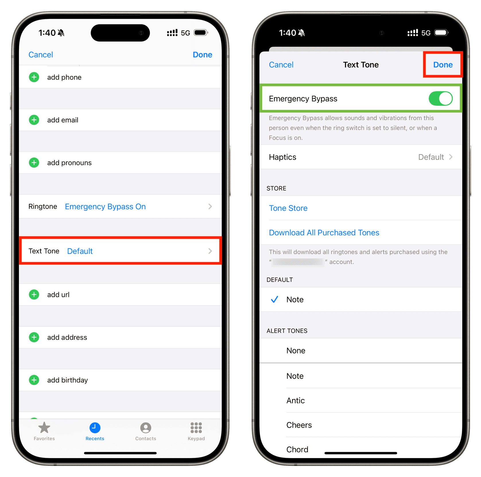 Turn on Emergency Bypass for Text Tone on iPhone