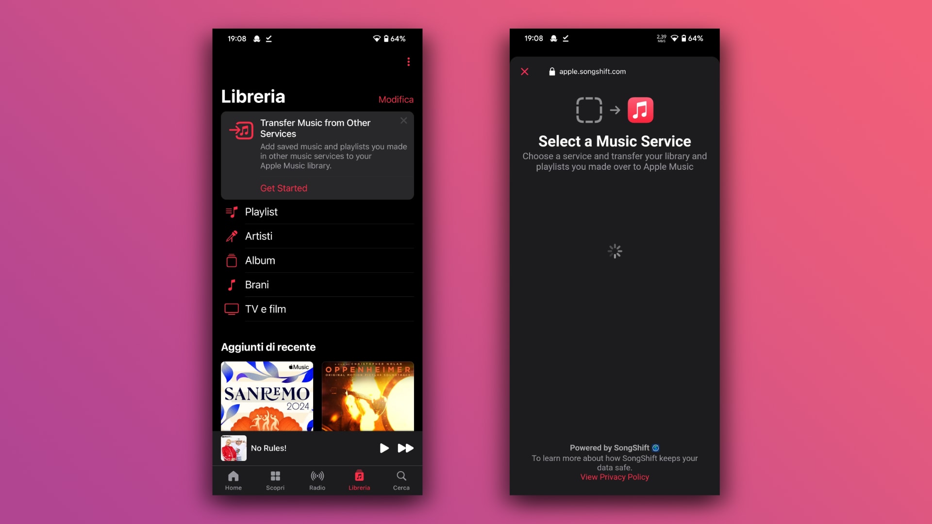 Apple Music for Android showing a message offering to transfer music from other services