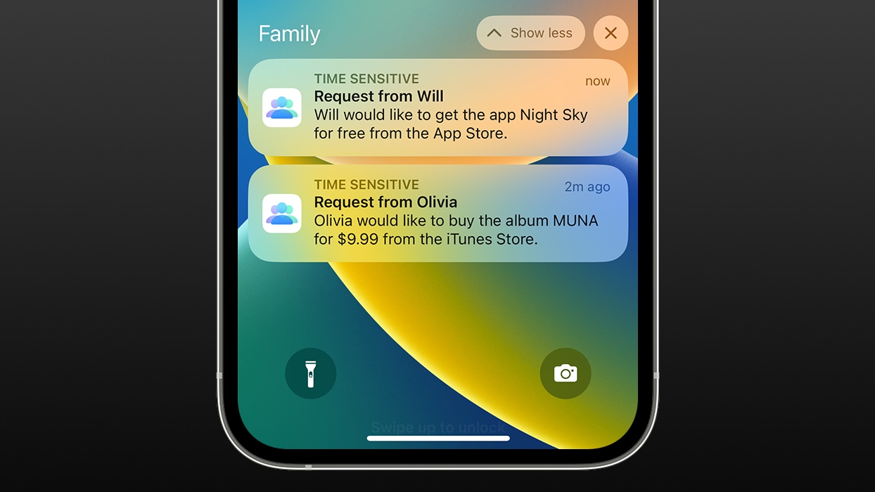 iPhone showing Ask to Buy notification for free and paid downloads on the Lock Screen.