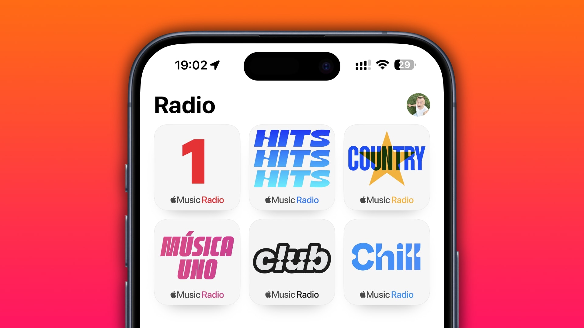Apple Music on iPhone displaying radio station thumbnails.