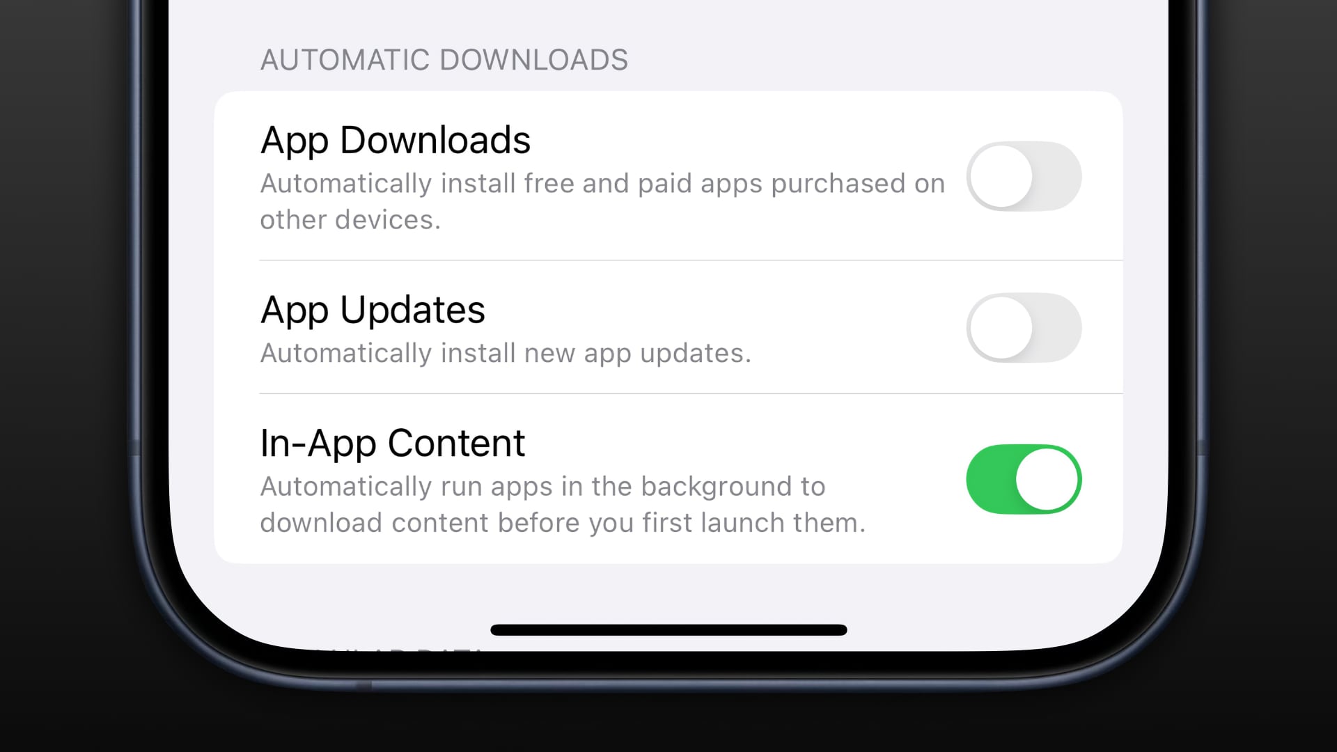 iPhone displaying the App Store settings with the In-App Content switch turned on.