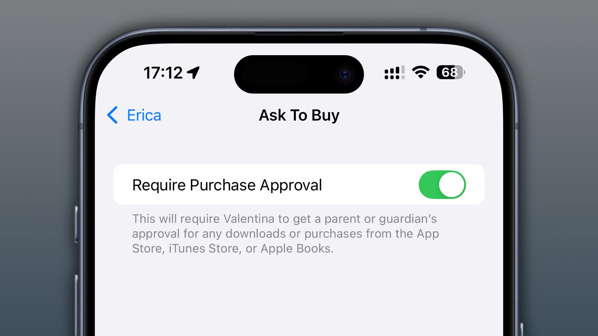 Family Sharing settings on iPhone with the Require Purchase Approval option turned on for a child account.