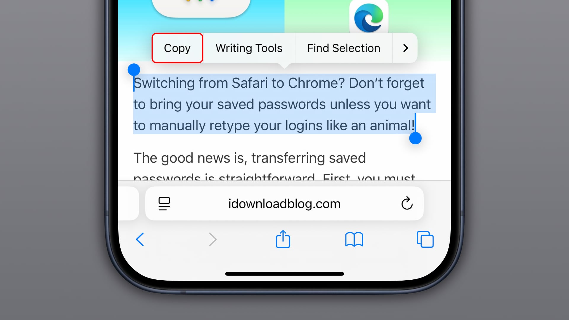 Safari on iPhone with some text selected on a webpage and the Copy command selected in the floating menu.