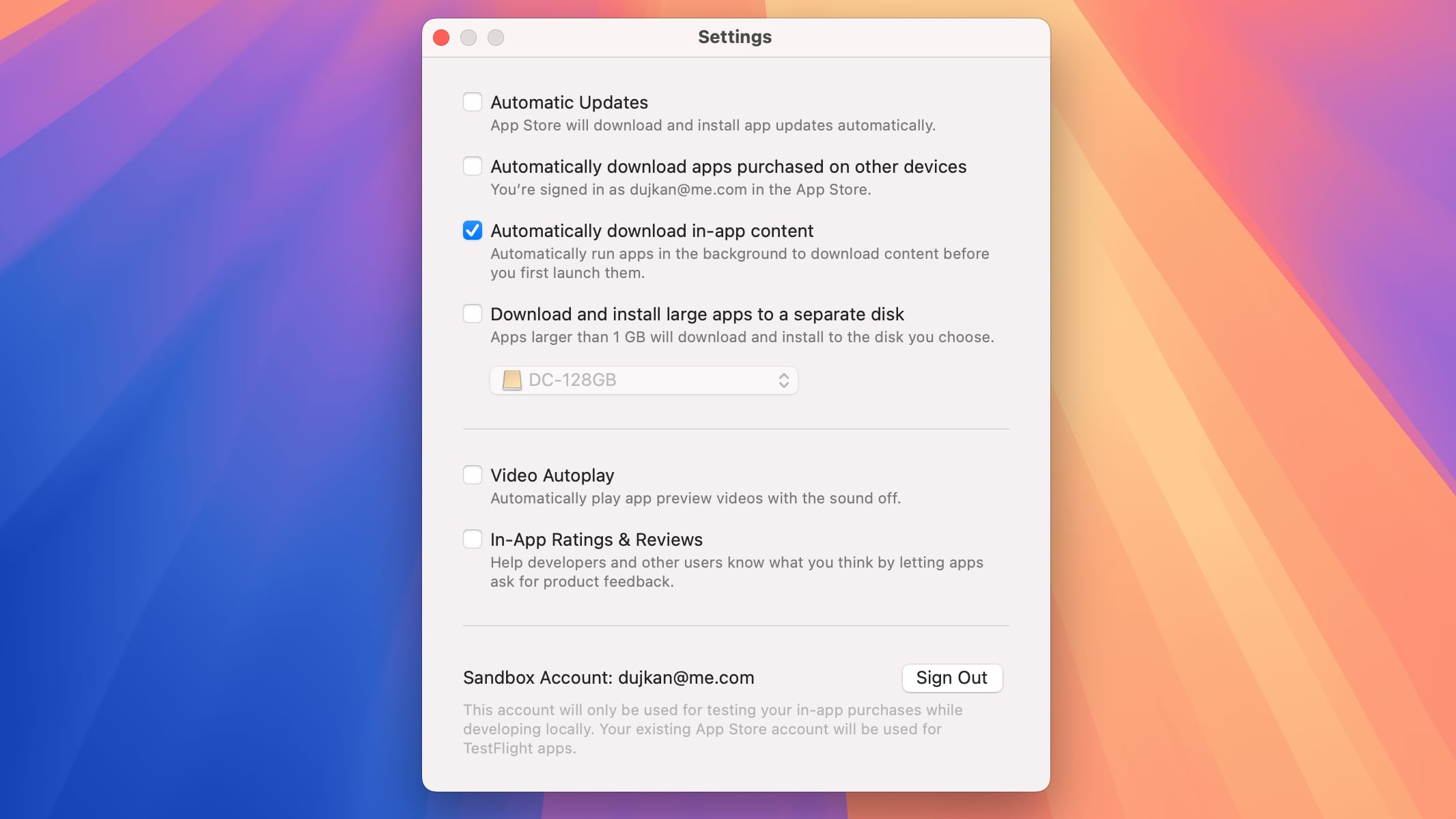 App Store settings in macOS with the option to automatically download in-app content turned on.