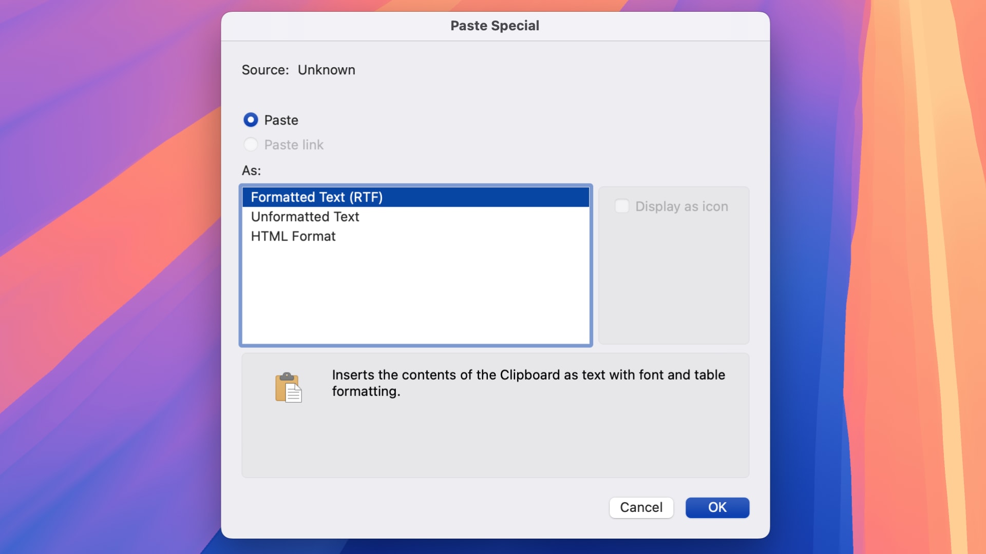 The Past Special menu in Microsoft Word for Mac with the Formatted Text option selected.