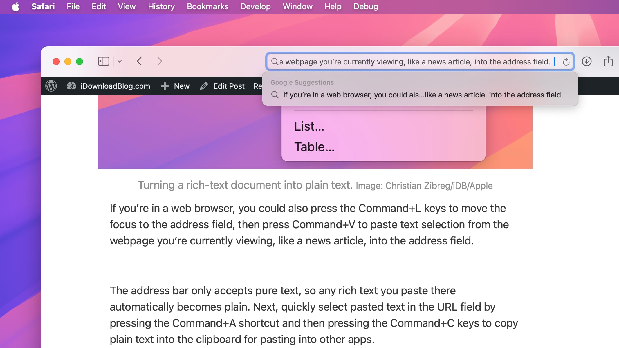 Closeup of the Safari browser on Mac with some webpage text pasted into the address field is plain text.