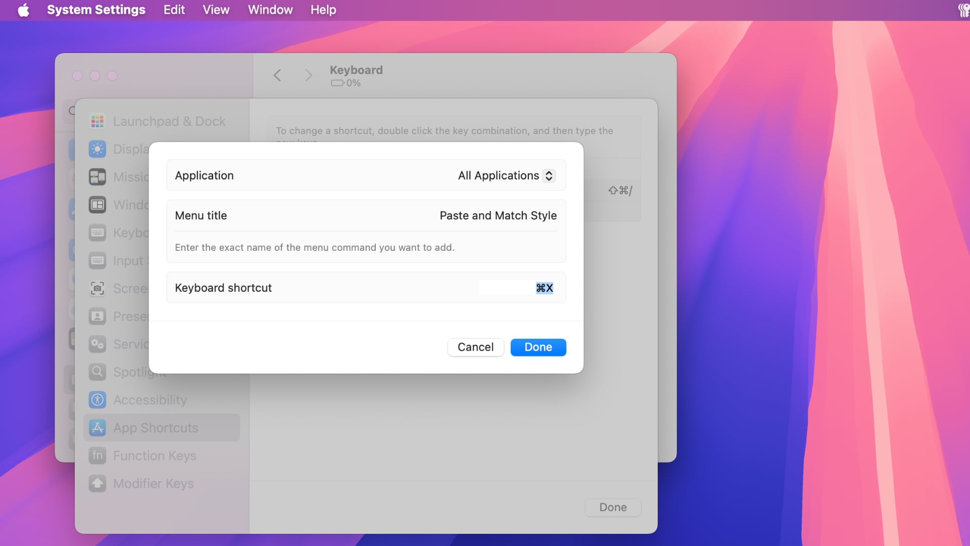 System Settings on a Mac showing a custom keyboard shortcut for all applications to paste plain text.