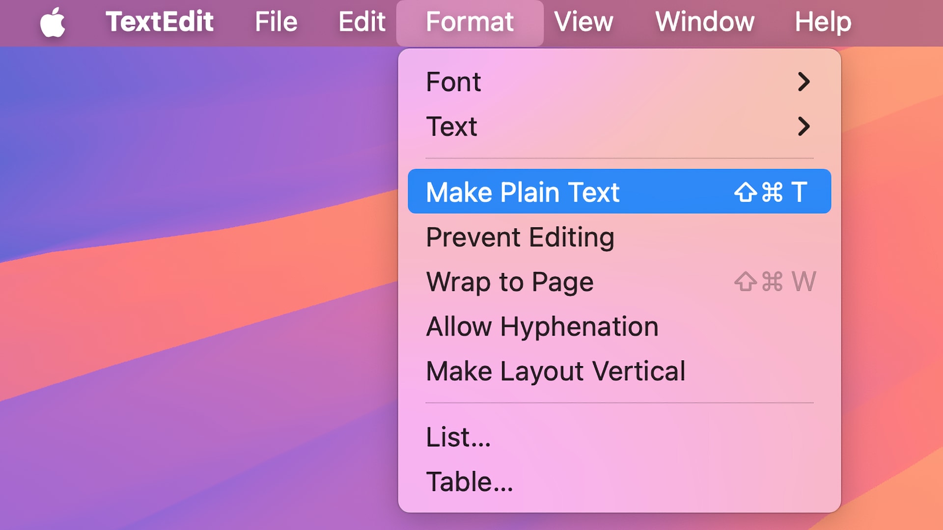TextEdit for Mac displaying with the Make Plain Text option selected in the Format menu.