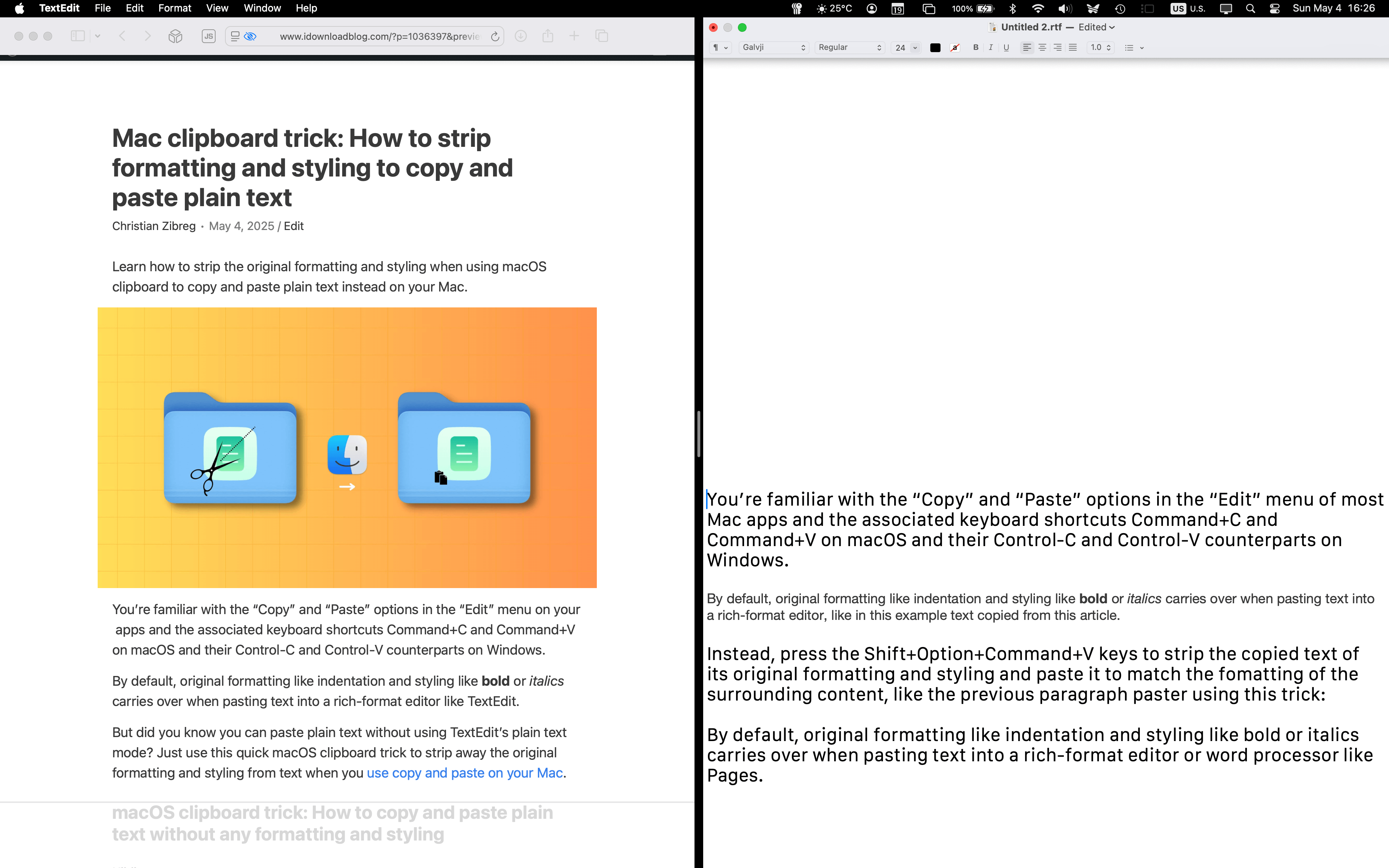 Side-by-side comparison of original text in Safari and pasted text in TextEdit that matches paragraph formatting.