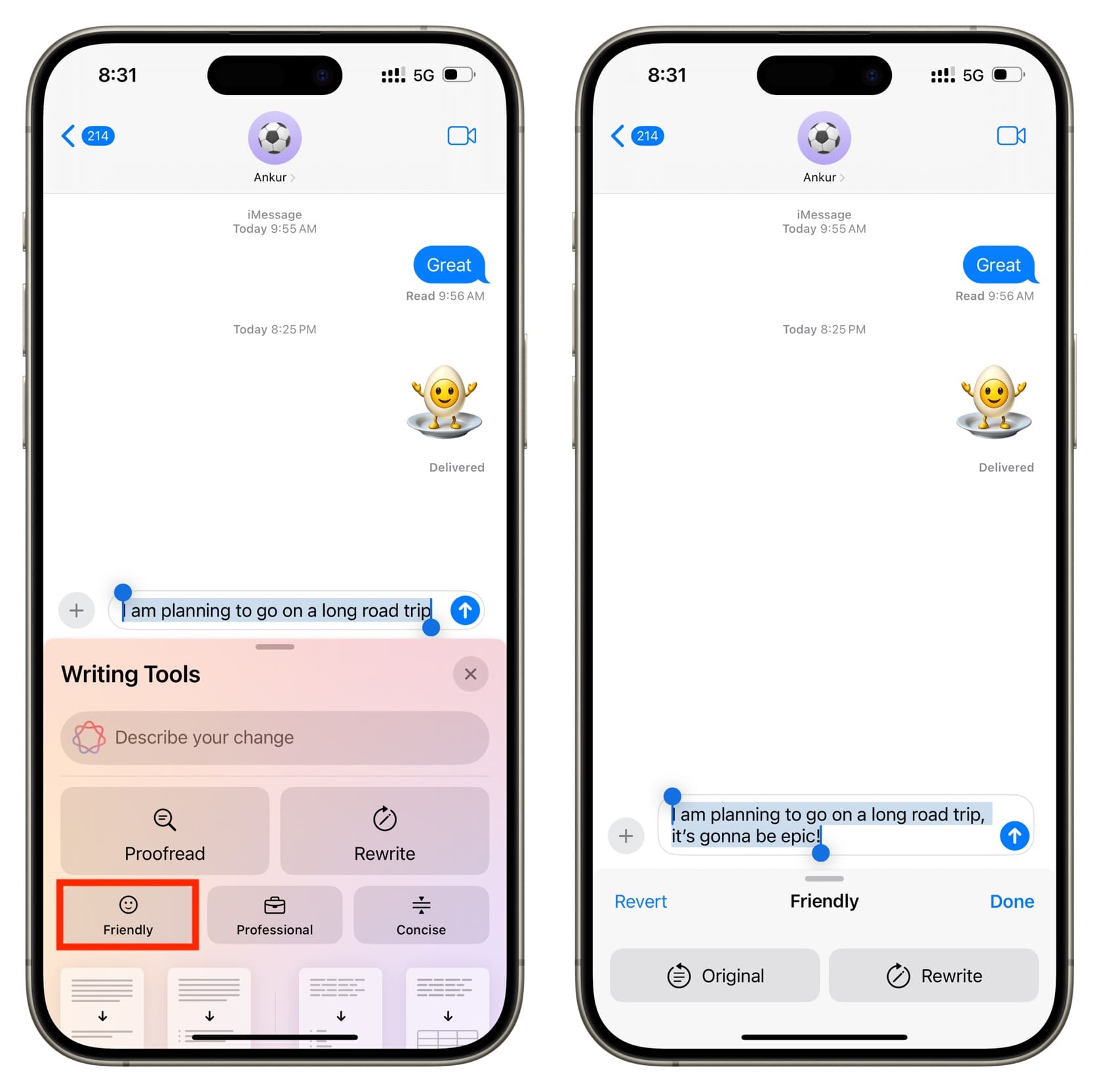 Asking Apple Intelligence Writing Tools to rewrite text message on iPhone