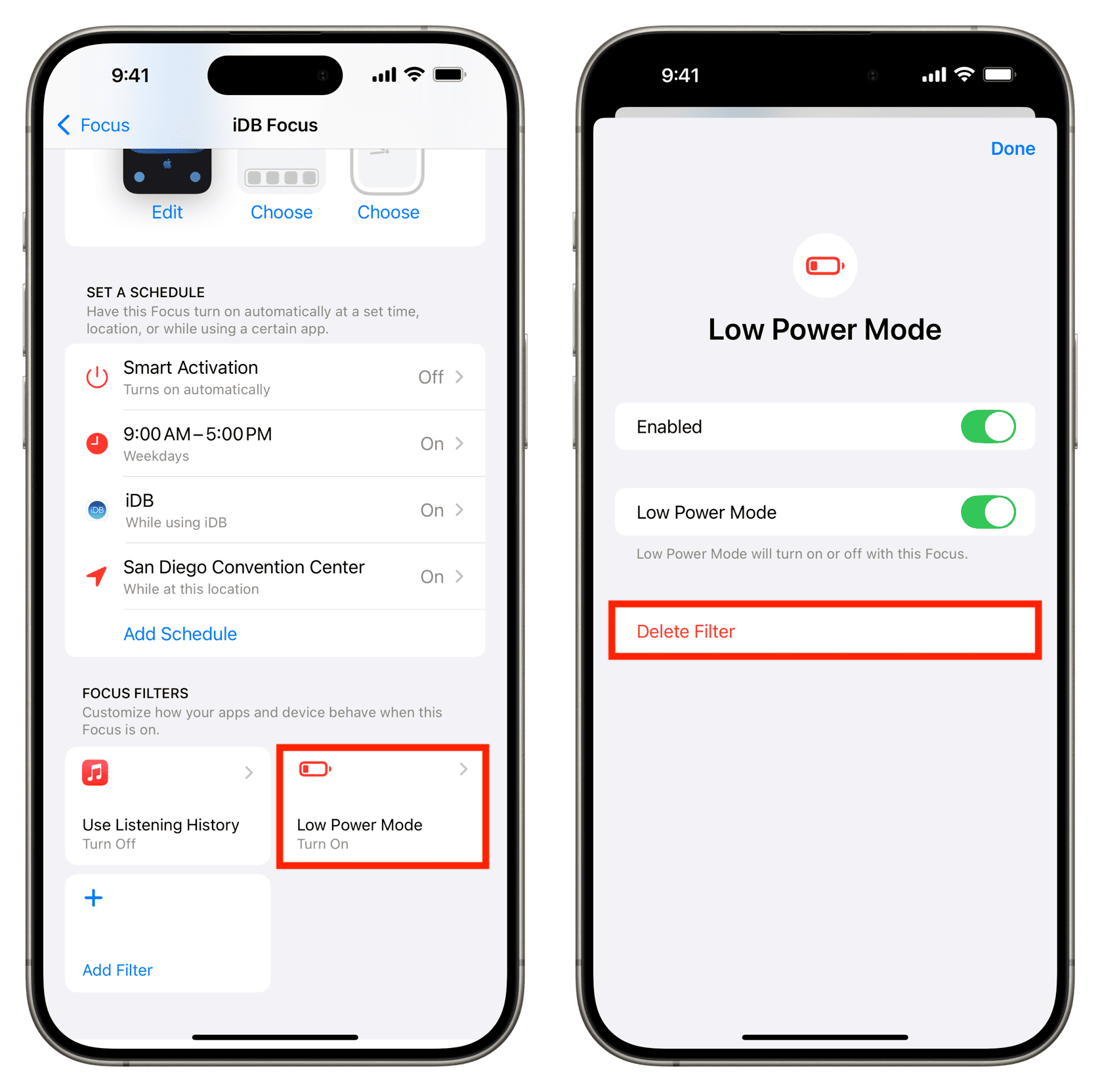 Deleting Low Power Mode Focus filter on iPhone